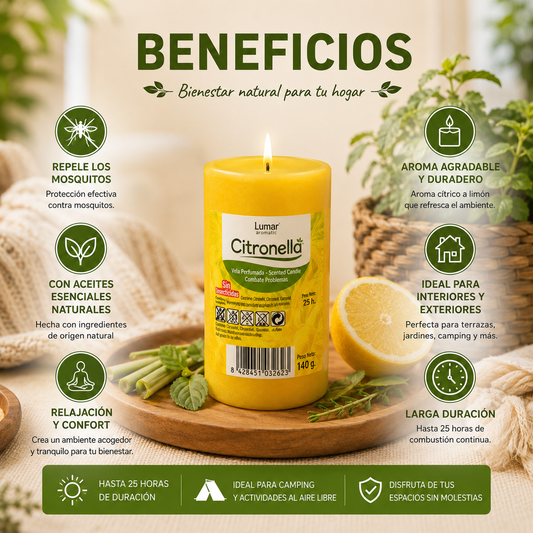 Lumar Citronela – Velas Antimosquitos para Exterior, Jardín, Terraza y Balcón | Protección Natural contra Mosquitos para Verano  - Citronela Pilar (6 Unidades)