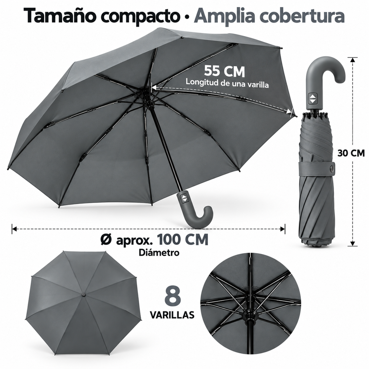 Home Universal® Paraguas Automático Plegable Grande, Compacto y Resistente, para Lluvia y Sol (Mango Curvo (Gris))