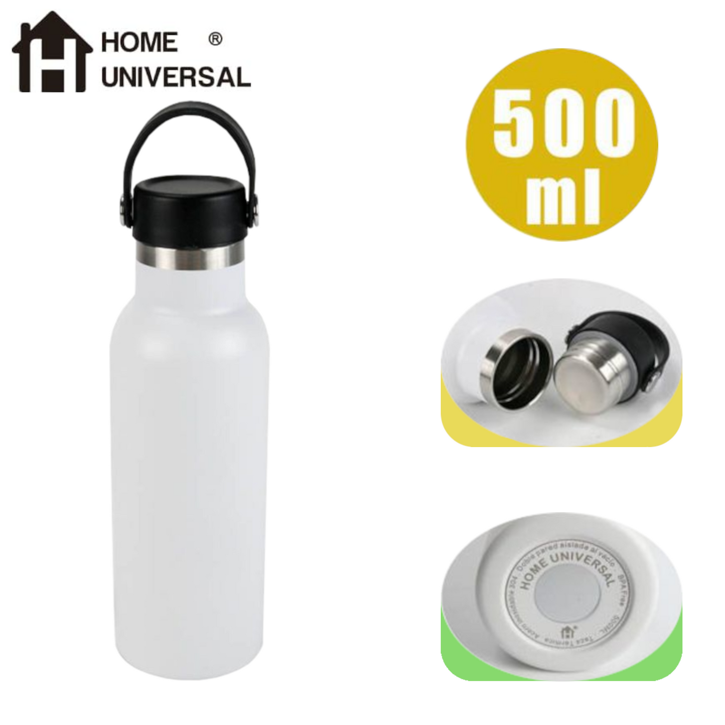Home Universal® Botella Térmica 500ml de Acero Inoxidable | 12h y Frías 24h | Doble Pared | Mantiene Frío y Caliente por Horas | Antiderrames, Ligera e Ideal para Deporte, Oficina y Viajes (Blanco)