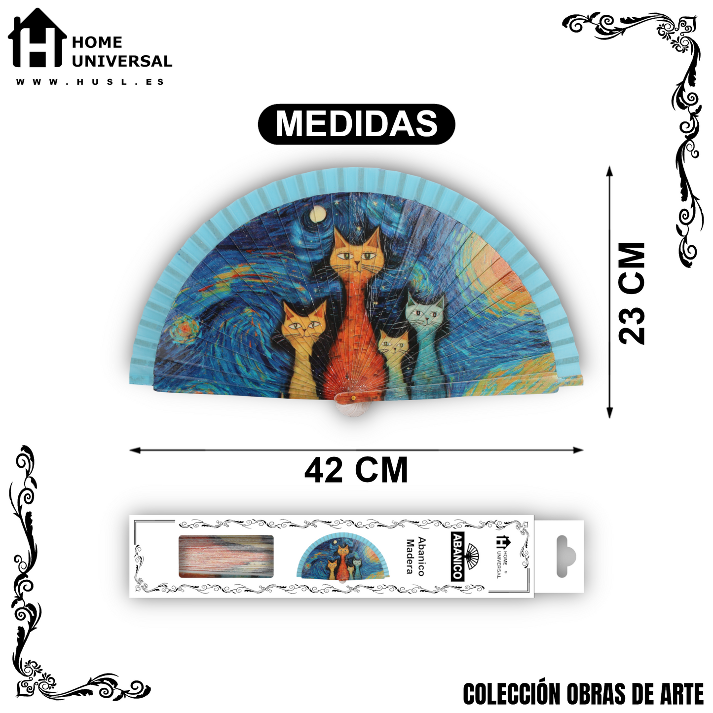 Home Universal®  Abanico 23CM DE Madera Lisa con Tela de Marfil, Abanico de Madera Adornado, Abanico Original - Cuatro Gatos (Estilo Vincent van Gogh)