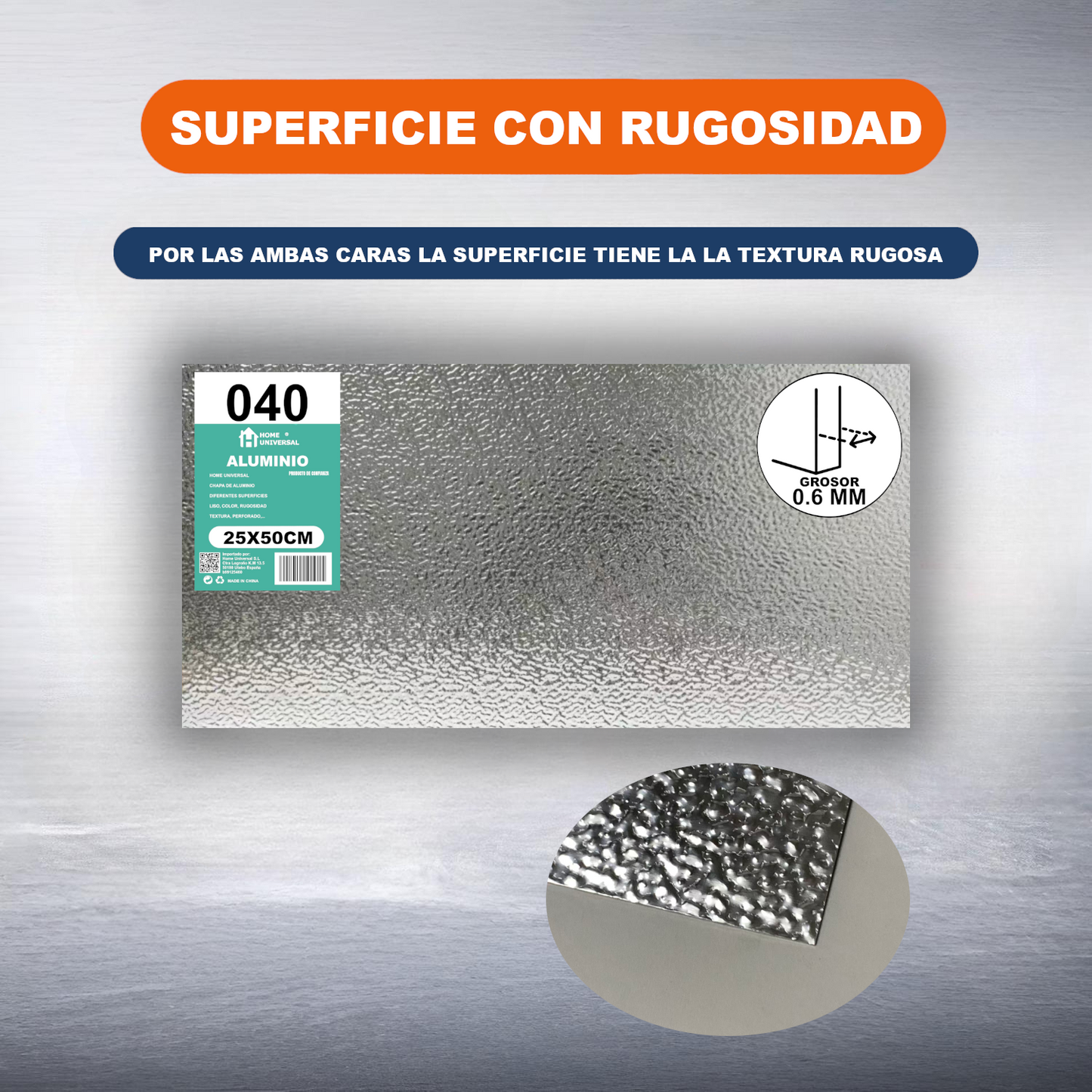ome Universal® Chapa de Aluminio Estriada, Lisa, Malla y Perforada (Cuadrada, Ovalada, Redonda), Rugosa – Lámina Metálica Resistente Anticorrosión para Bricolaje e Industria Superficie (Rugosidad) - Plateado (25X50CM - 0.6MM)