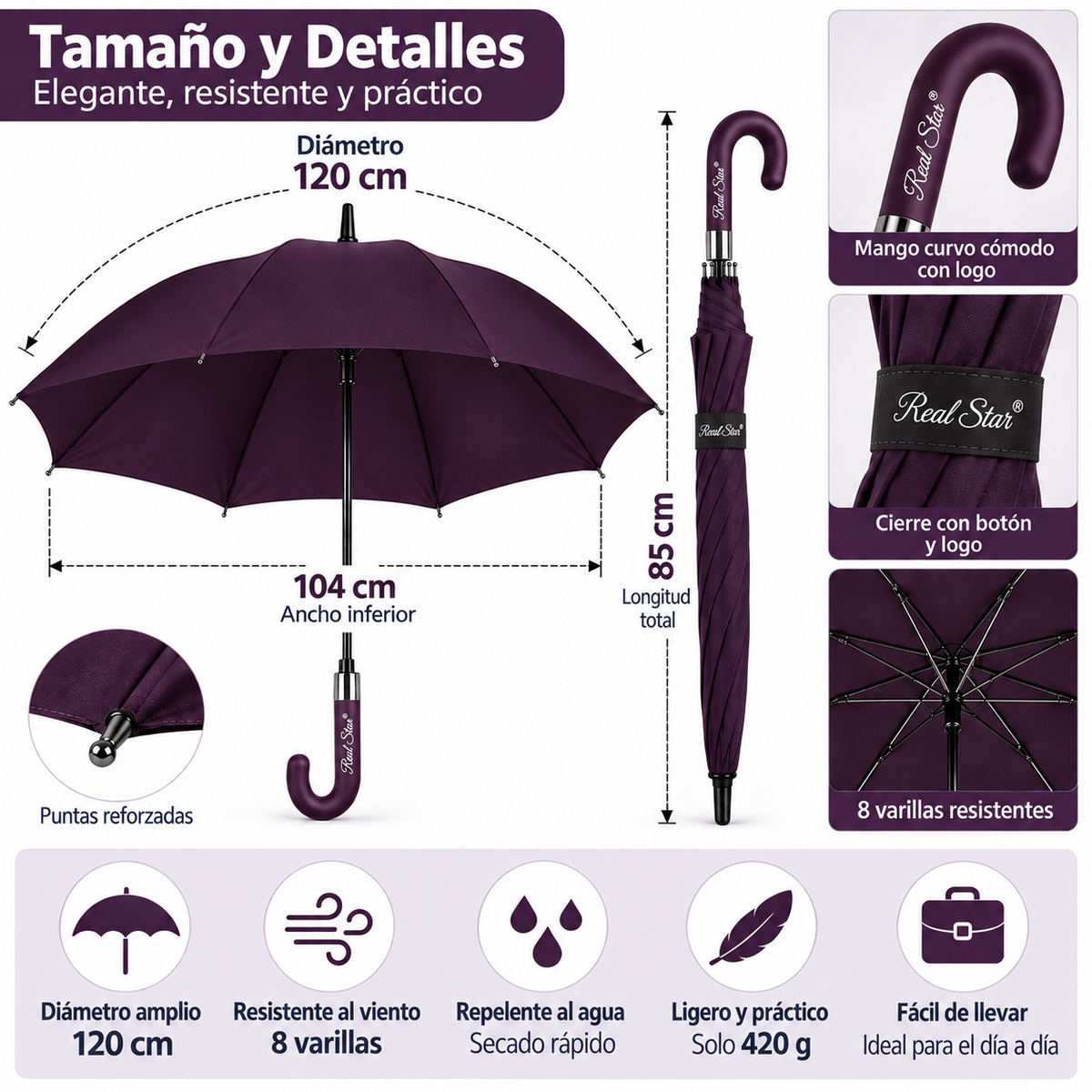 Home Universal® Paraguas Grande Semiautomático, Paraguas Largo Resistente al Viento con Mango Curvo para Mujer y Hombre (Morado (Liso))