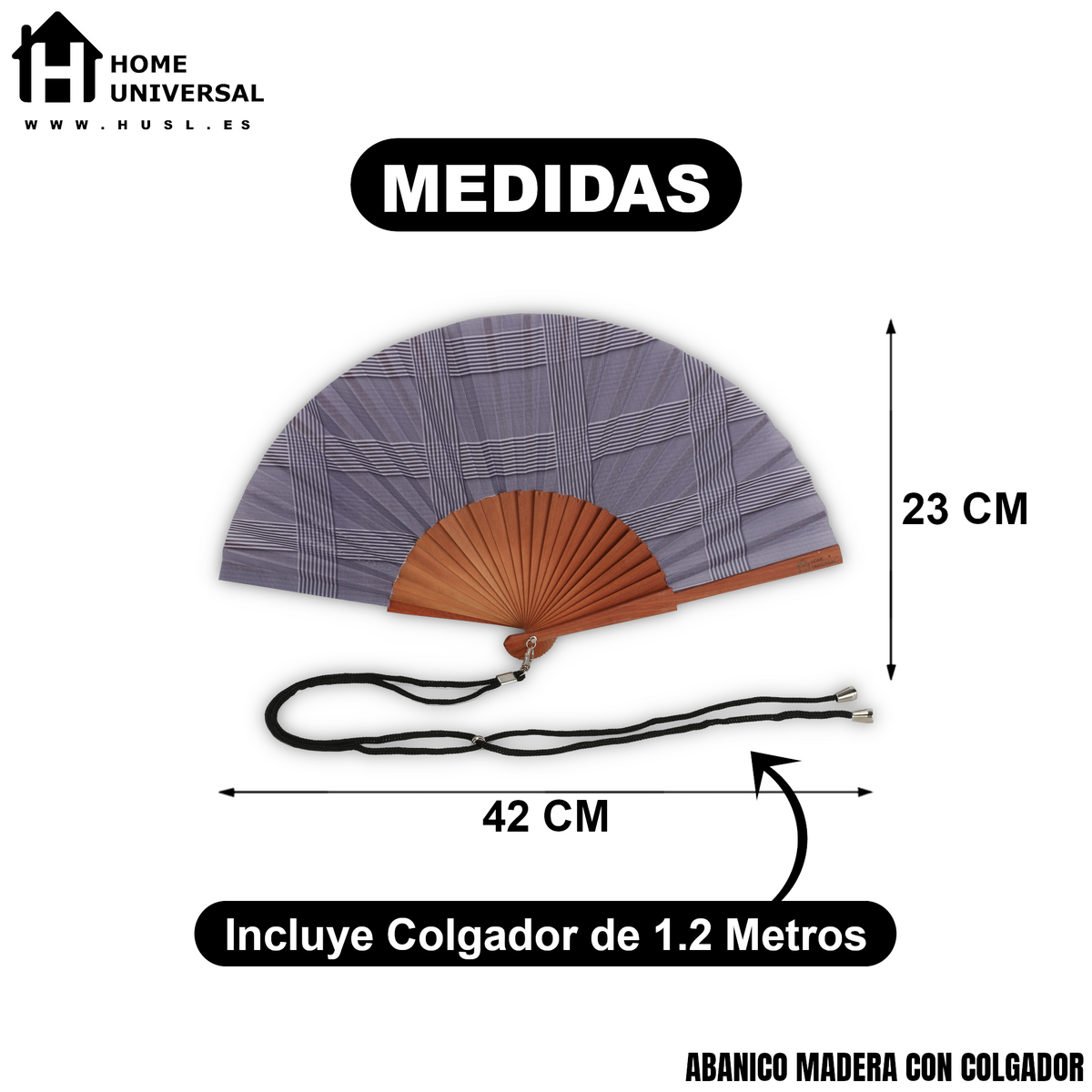 Home Universal® Abanico de Madera con Tela 23 cm, Abanico Plegable de Mano con Cordón, Ligero y Portátil para Verano, Bodas, Ferias y Fiestas (Cuadro Gris)