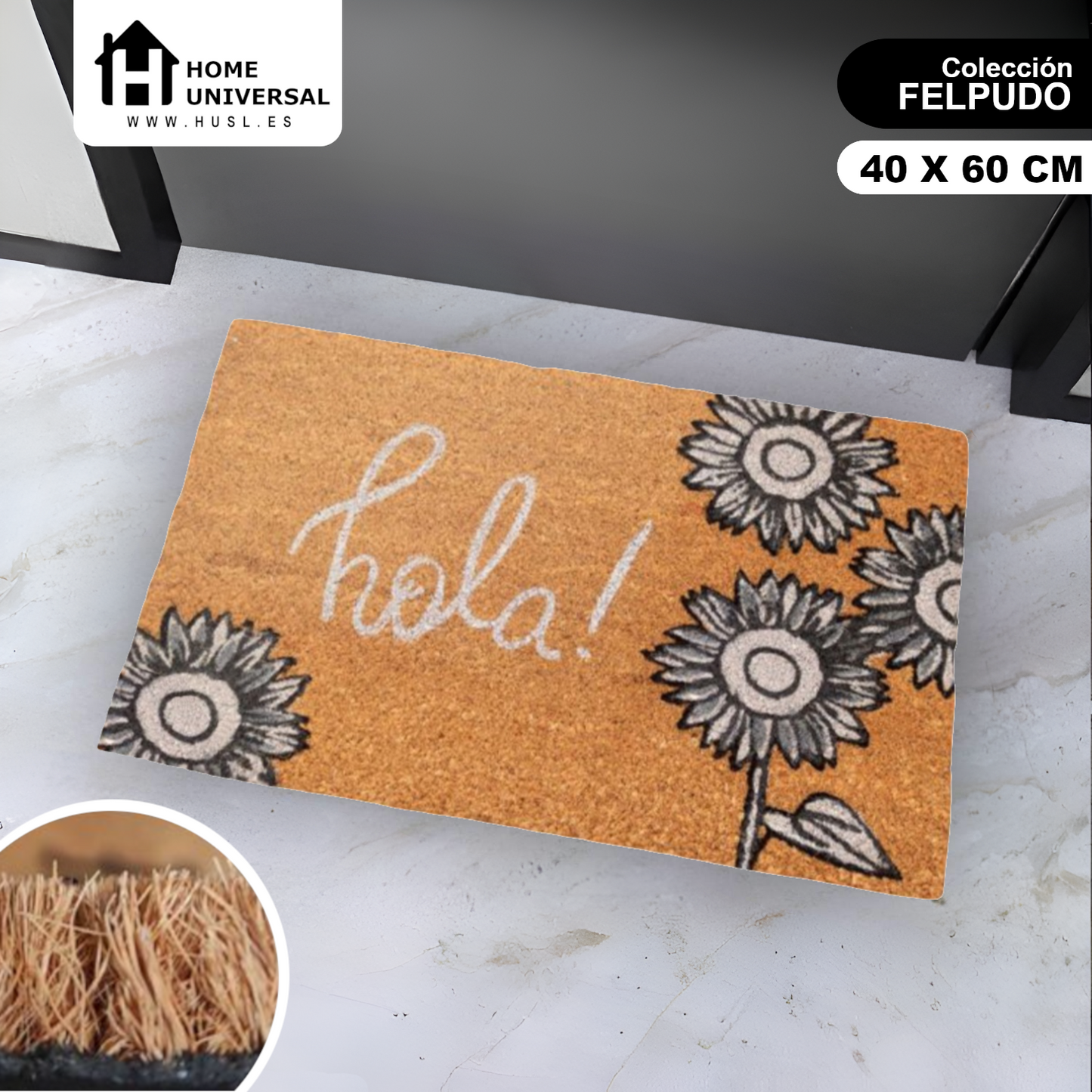 Home Universal ® Felpudos 60x40CM Fibra de Coco | Base Antideslizante de Caucho | Apto para el Exterior (Hola! · Girasol)