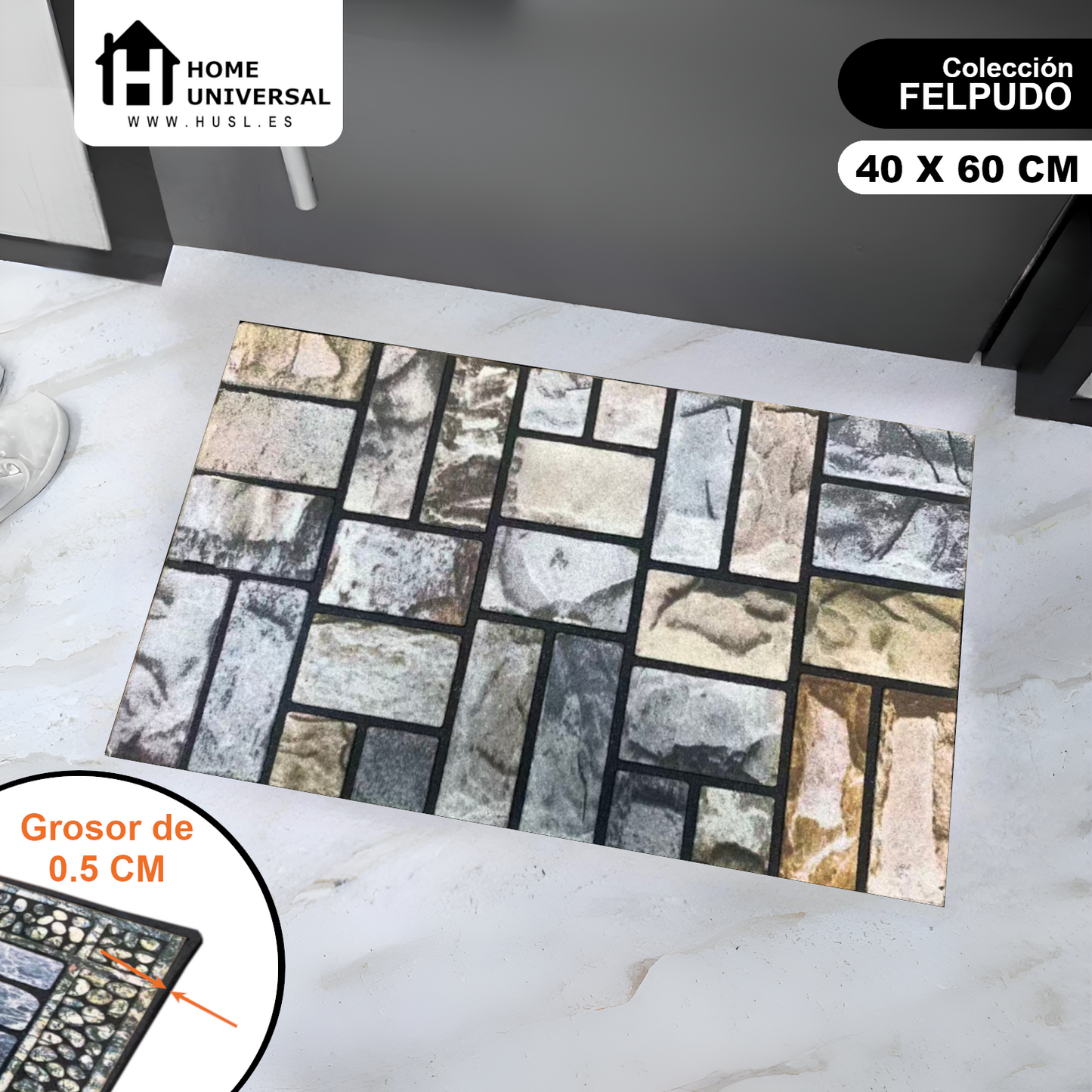 Home Universal® Felpudo de Goma Antideslizante para Exterior y interior – Resistente a Lluvia y Barro, Limpia Zapatos, Alta Durabilidad – Varias Medidas, 40X60CM, Piedra Irregular Rústica