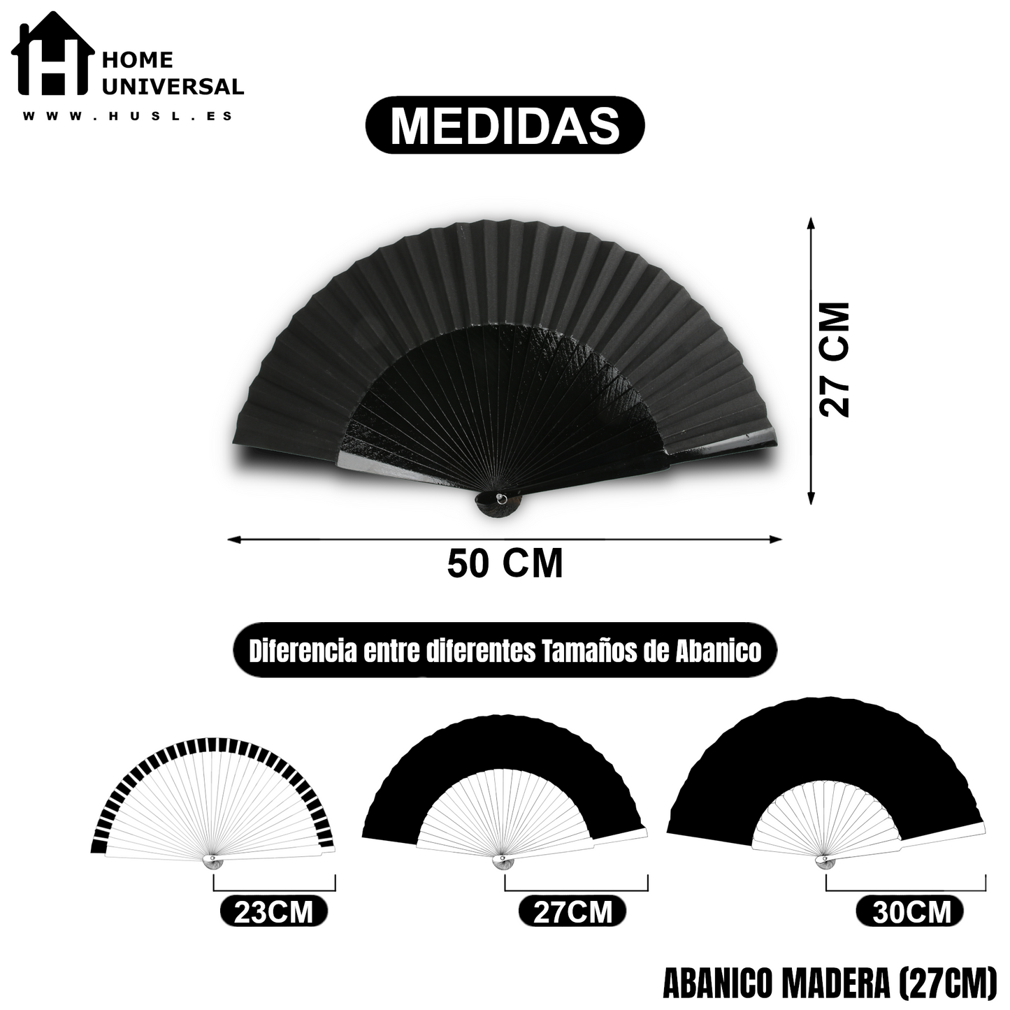 Home Universal® Abanico de madera con argollas para colgar, plegable, ligero y resistente, ideal para bodas, eventos y verano, diseño clásico y portátil perfecto para regalo y uso diario - Negro (27CM)