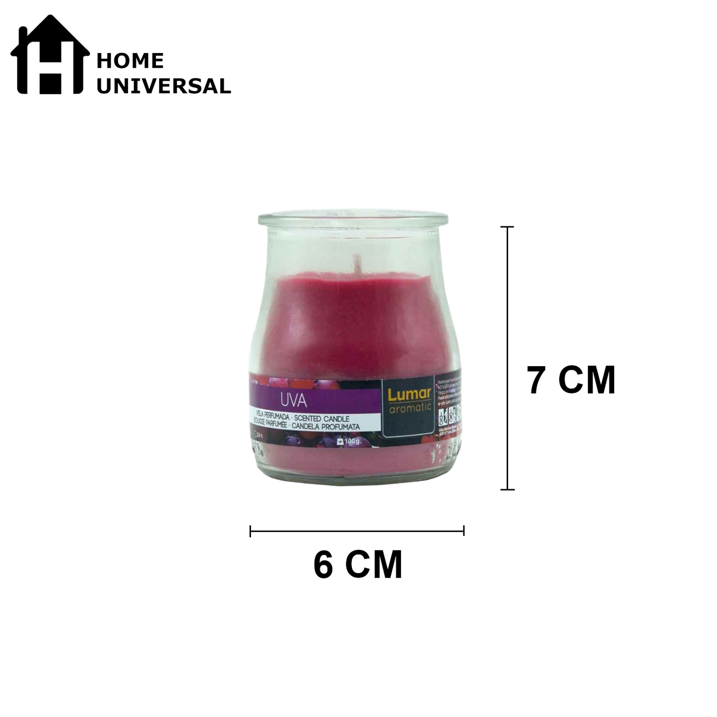 Home Universal® Pack de 3/6/12 Velas Aromáticas en Vaso de Cristal Reciclable LUMAR AROMATIC – 24h de Duración por Vela – Cera Vegetal Perfumada – 16 Fragancias Disponibles – Fabricadas en España – 7x6cm (Uva)