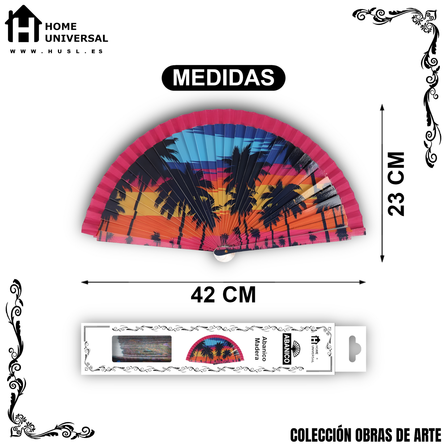 Home Universal®  Abanico 23CM DE Madera Lisa con Tela de Marfil, Abanico de Madera Adornado, Abanico Original - Paraíso Caribeño (Dibujo Artístico)