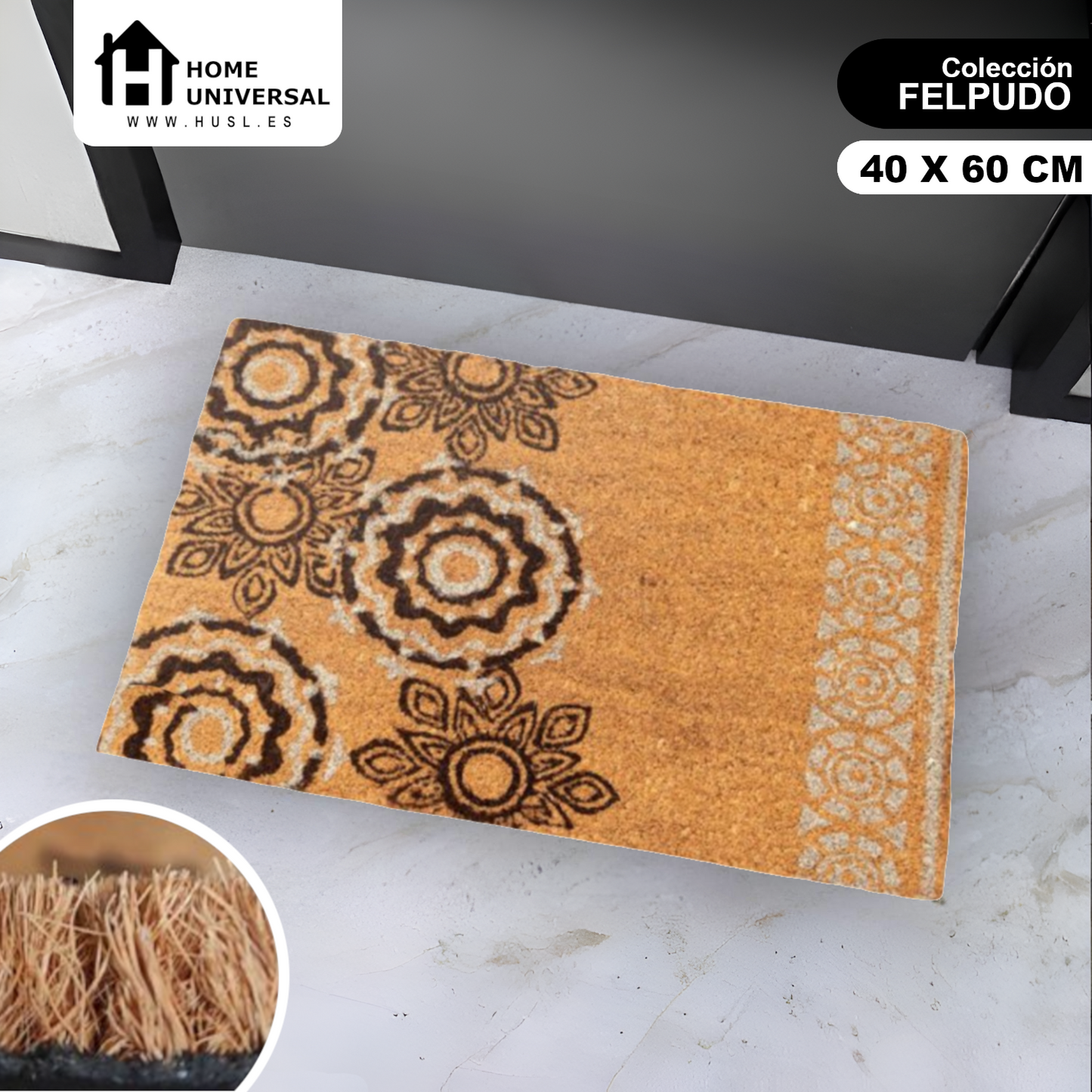 Home Universal ® Felpudos 60x40CM Fibra de Coco | Base Antideslizante de Caucho | Apto para el Exterior (Dibujo Mandalas)