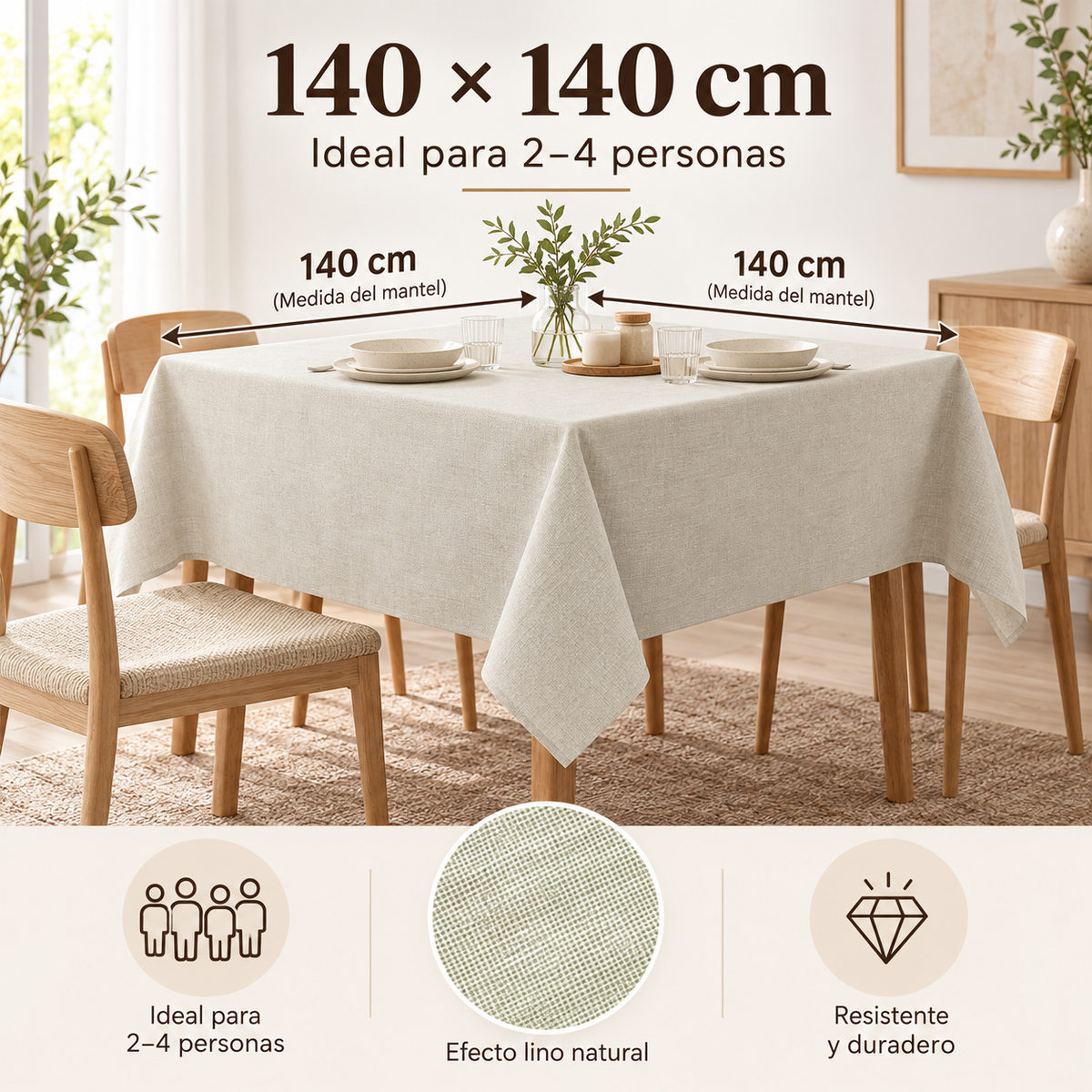 Home Universal® Mantel de Mesa Impermeable y Antimanchas, Tejido de Loneta con Efecto Lino , Liso o Estampado, para Cocina y Comedor (Blanco Liso)