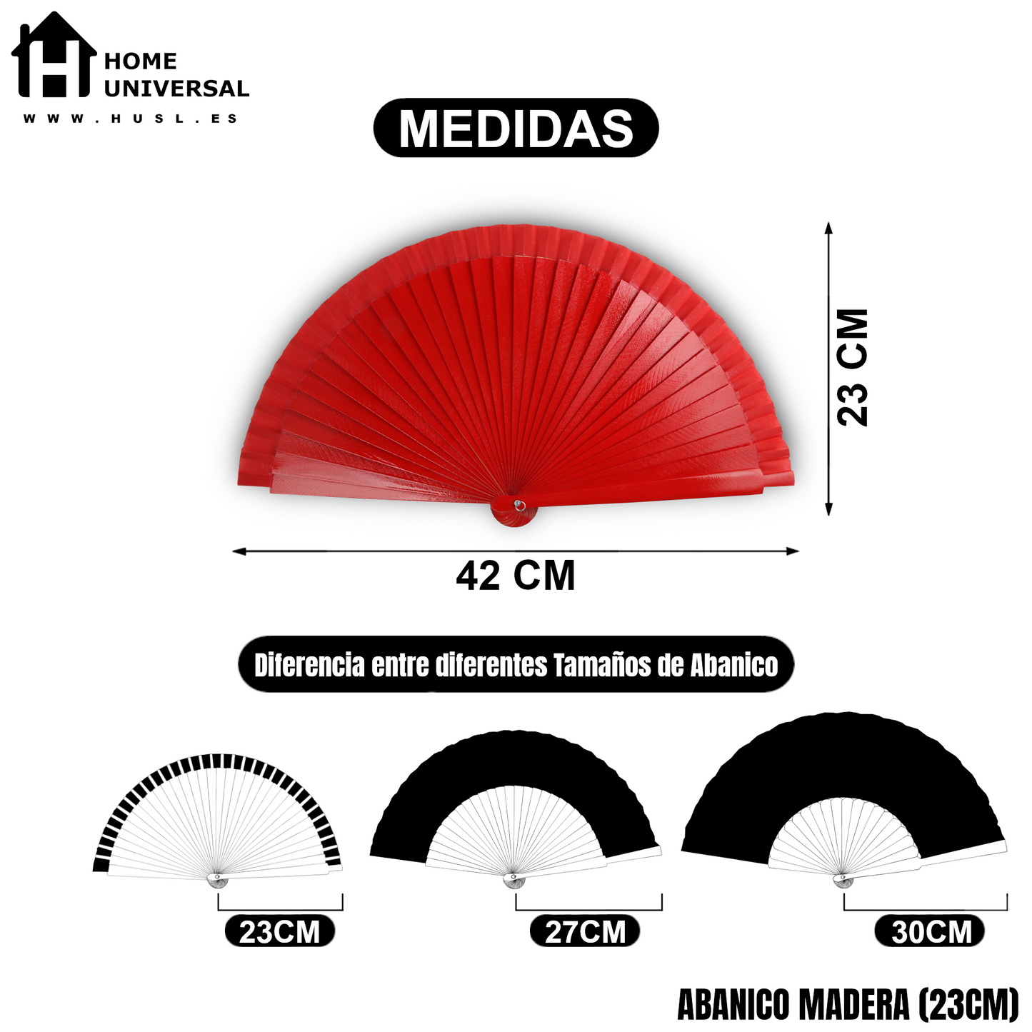 Home Universal® Abanico de madera con argollas para colgar, plegable, ligero y resistente, ideal para bodas, eventos y verano, diseño clásico y portátil perfecto para regalo y uso diario - Rojo (23CM)