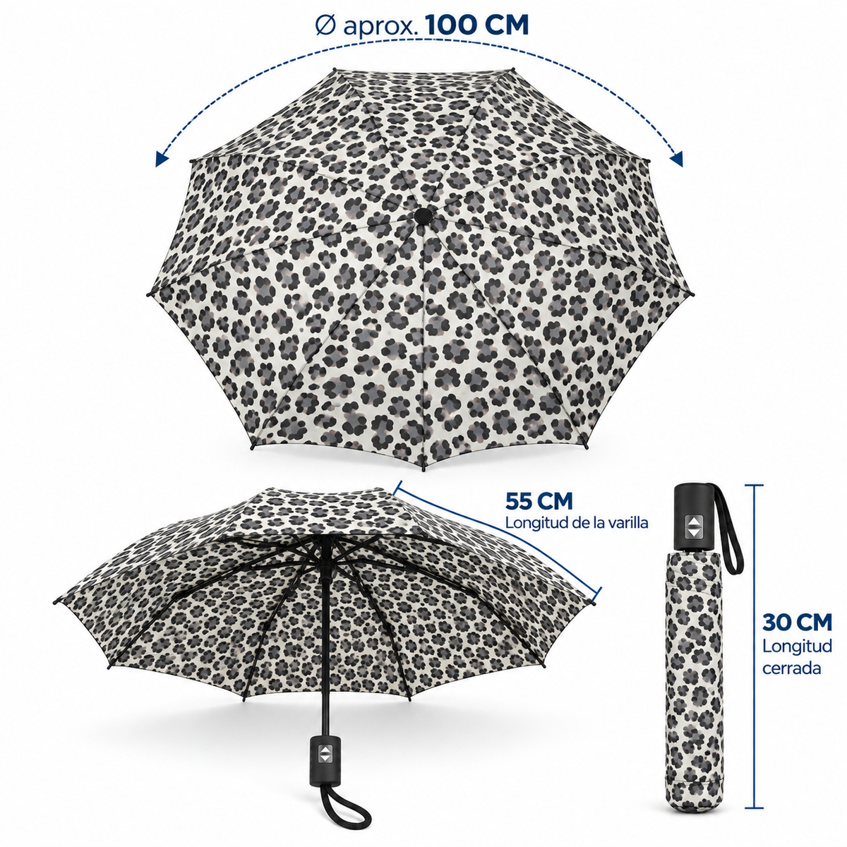 Home Universal® Paraguas Automático Plegable Grande, Compacto y Resistente, para Lluvia y Sol (Automático Apertura y Cierre (Leopardo Gris))