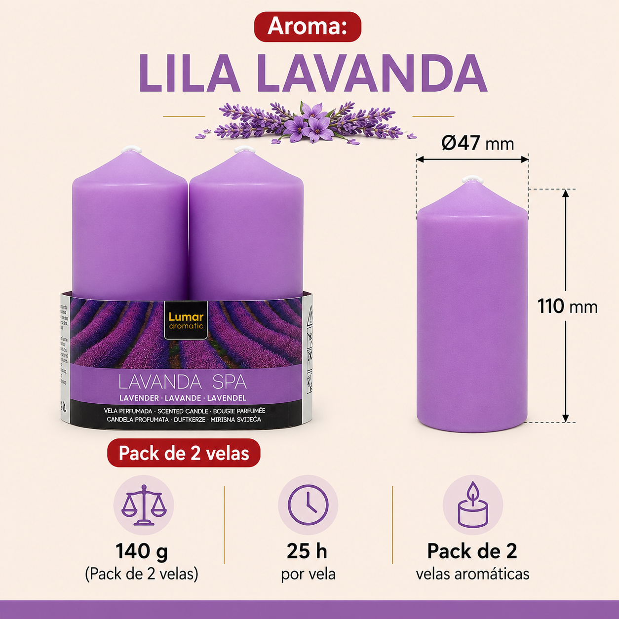 Home Universal® 6 Velas Aromáticas Perfumadas, 9 Aromas Disponibles, 2 Tamaños Disponibles, Velas Decorativas para Hogar, Relax, Spa y Aromaterapia (LILA LAVANDA Ø47 × 110 mm)