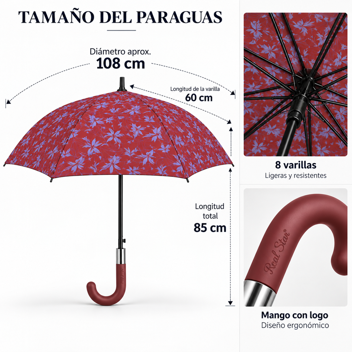Home Universal® Paraguas Grande Semiautomático, Paraguas Largo Resistente al Viento con Mango Curvo para Mujer y Hombre (Rojo Carmesí)