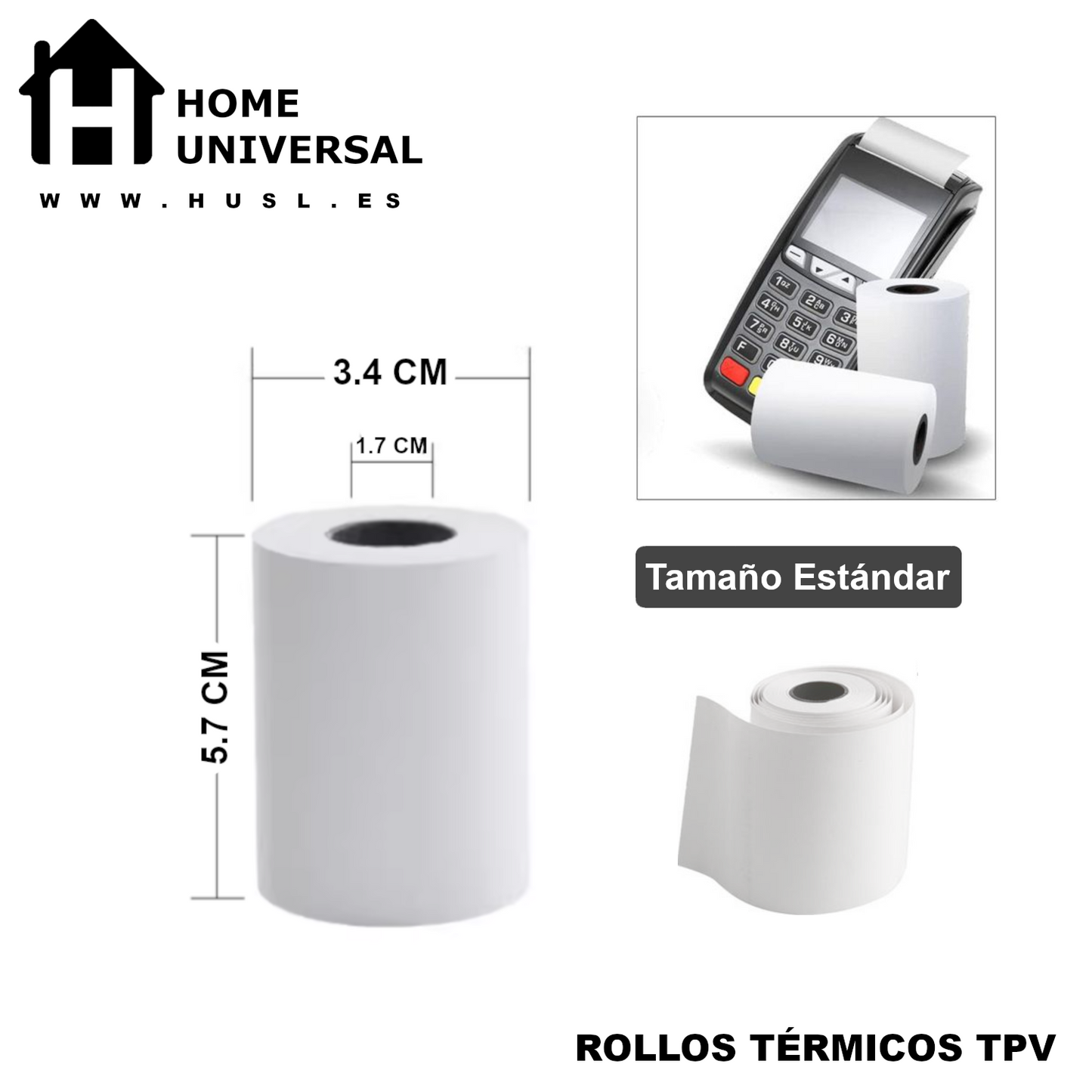 Home Universal® Rollo Térmico 57x34x17mm para TPV y POS – Papel Térmico Profesional Alta Calidad para Datáfonos y Cajas Registradoras Compatible Universal