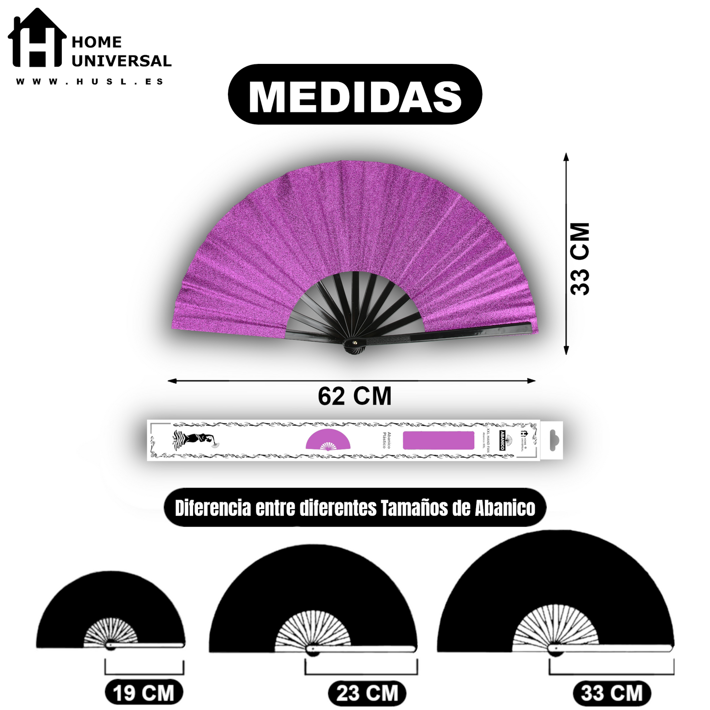 Home Universal® Abanico XXL 33 cm Grande de Plástico con Caja – Plegable, Ligero y Resistente – Efecto Fluorescente Brillante – Ideal para Verano, Fiesta, Discoteca, Pride y Eventos - Morado (Purpurina)