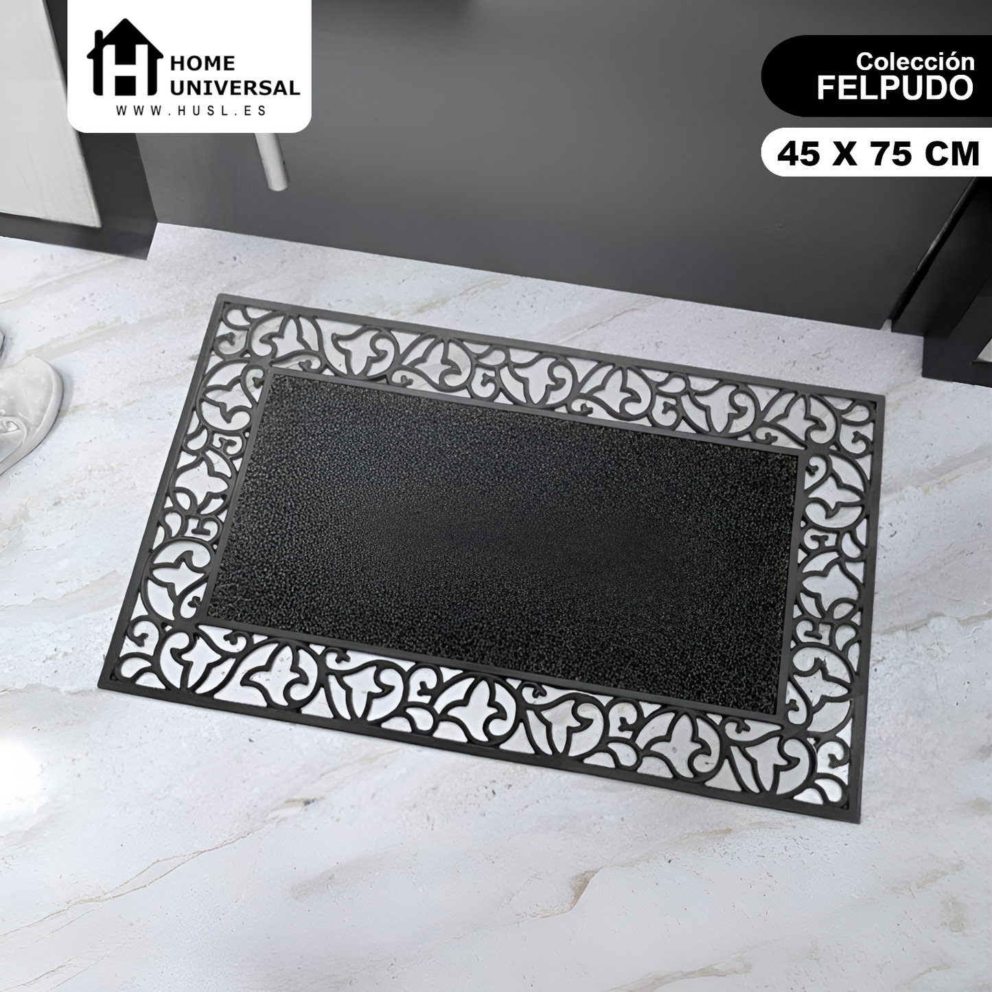Home Universal® Felpudo de Goma Antideslizante para Exterior y interior – Resistente a Lluvia y Barro, Limpia Zapatos, Alta Durabilidad – Varias Medidas, 45X75CM, Negro (Diseño Clásico Ornamental)