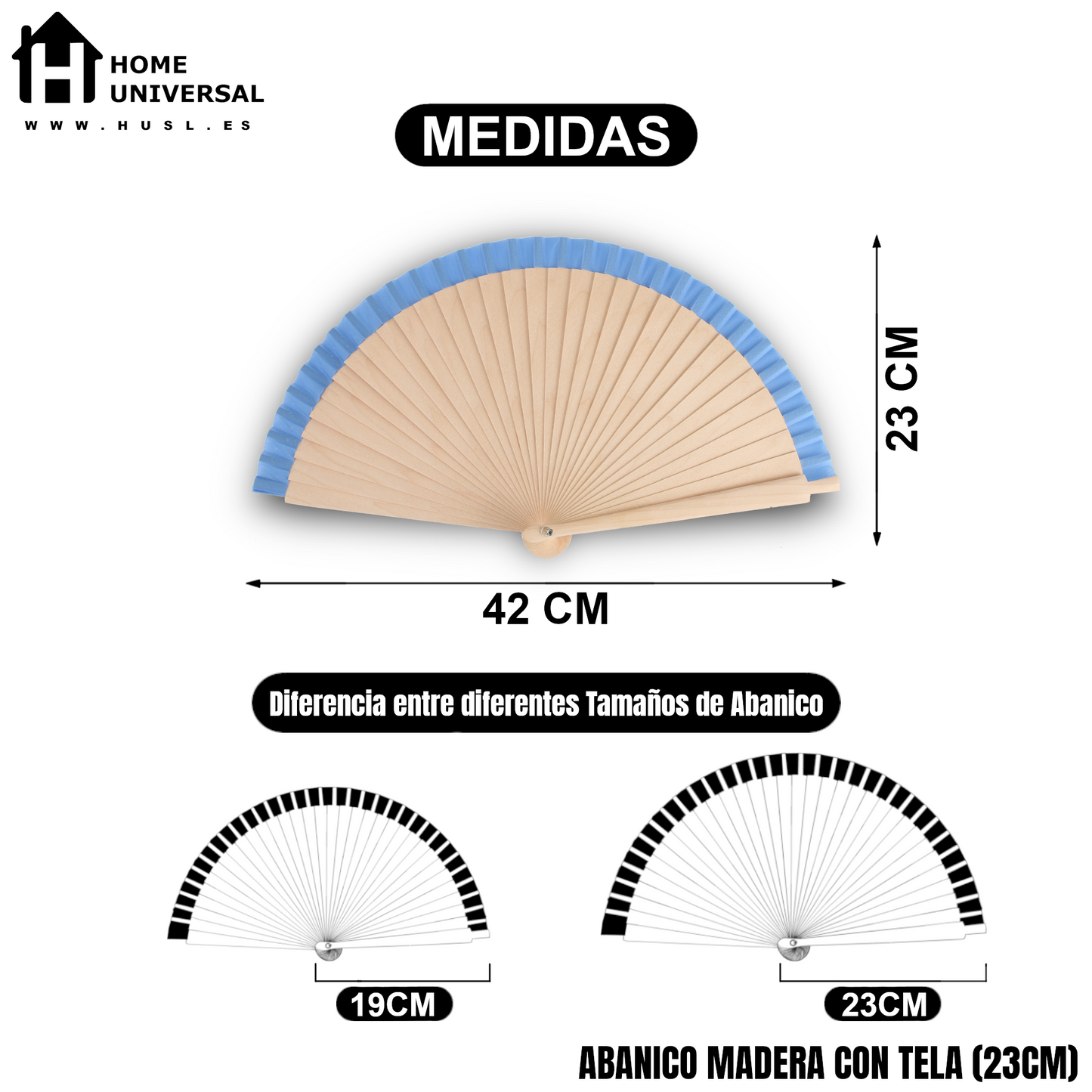 Home Universal®  Abanicos de Madera con Argolla para Cuello, Plegables con Tela en Varios Colores - Ligeros, Portátiles y Resistentes para Eventos, Bodas y Verano - Azul  23 CM (12 Unidades)