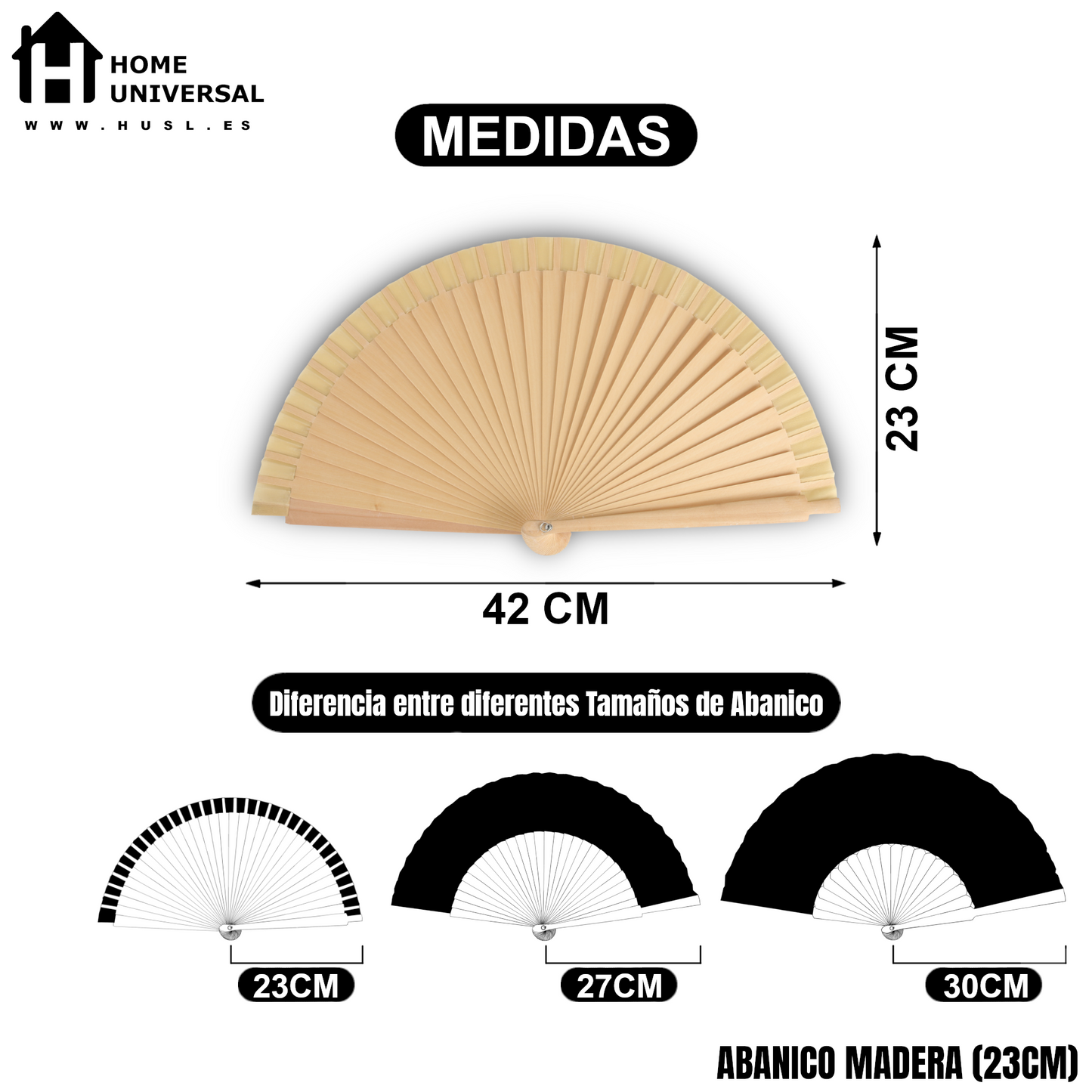 Home Universal® Abanico de madera con argollas para colgar, plegable, ligero y resistente, ideal para bodas, eventos y verano, diseño clásico y portátil perfecto para regalo y uso diario - Madera (23CM)