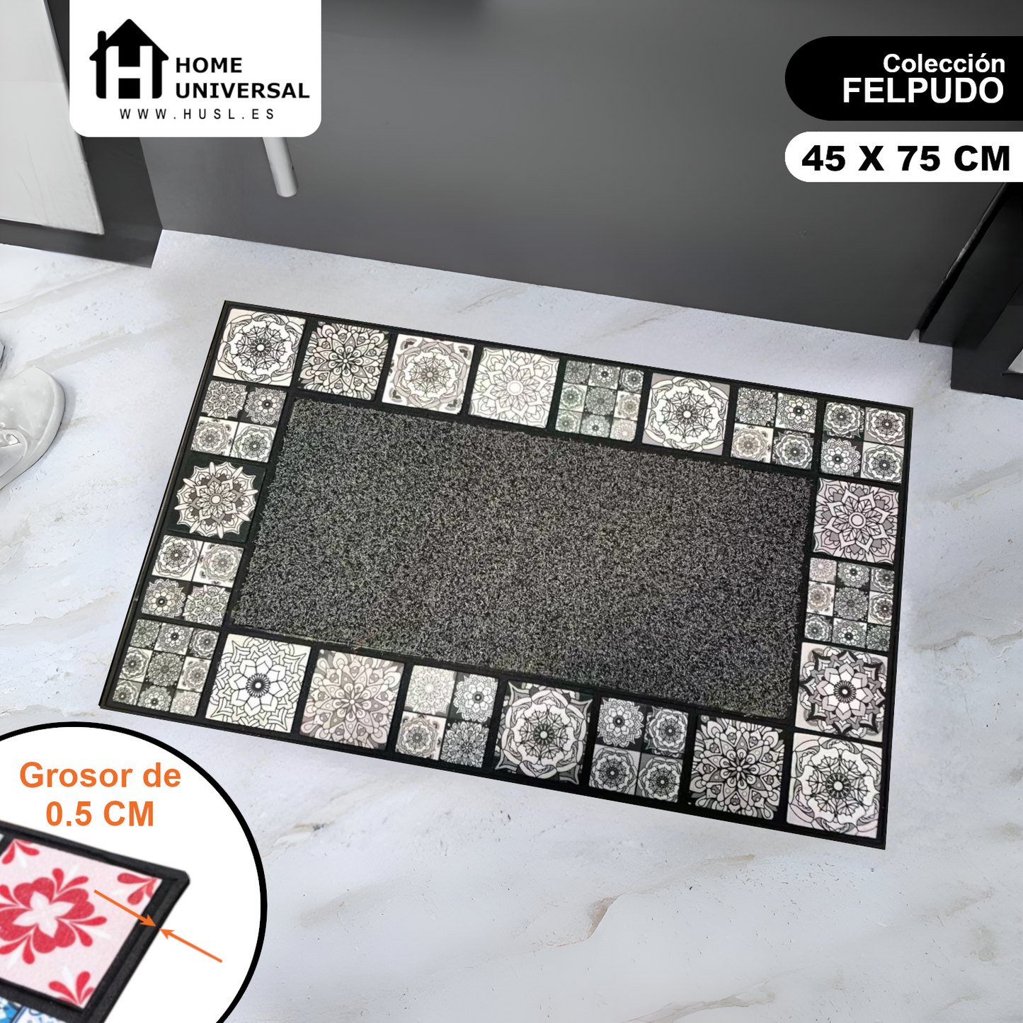 Home Universal® Felpudo de Goma Antideslizante para Exterior y interior – Resistente a Lluvia y Barro, Limpia Zapatos, Alta Durabilidad – Varias Medidas, 45X75CM, Gris (Diseño Mosaico Azulejo)