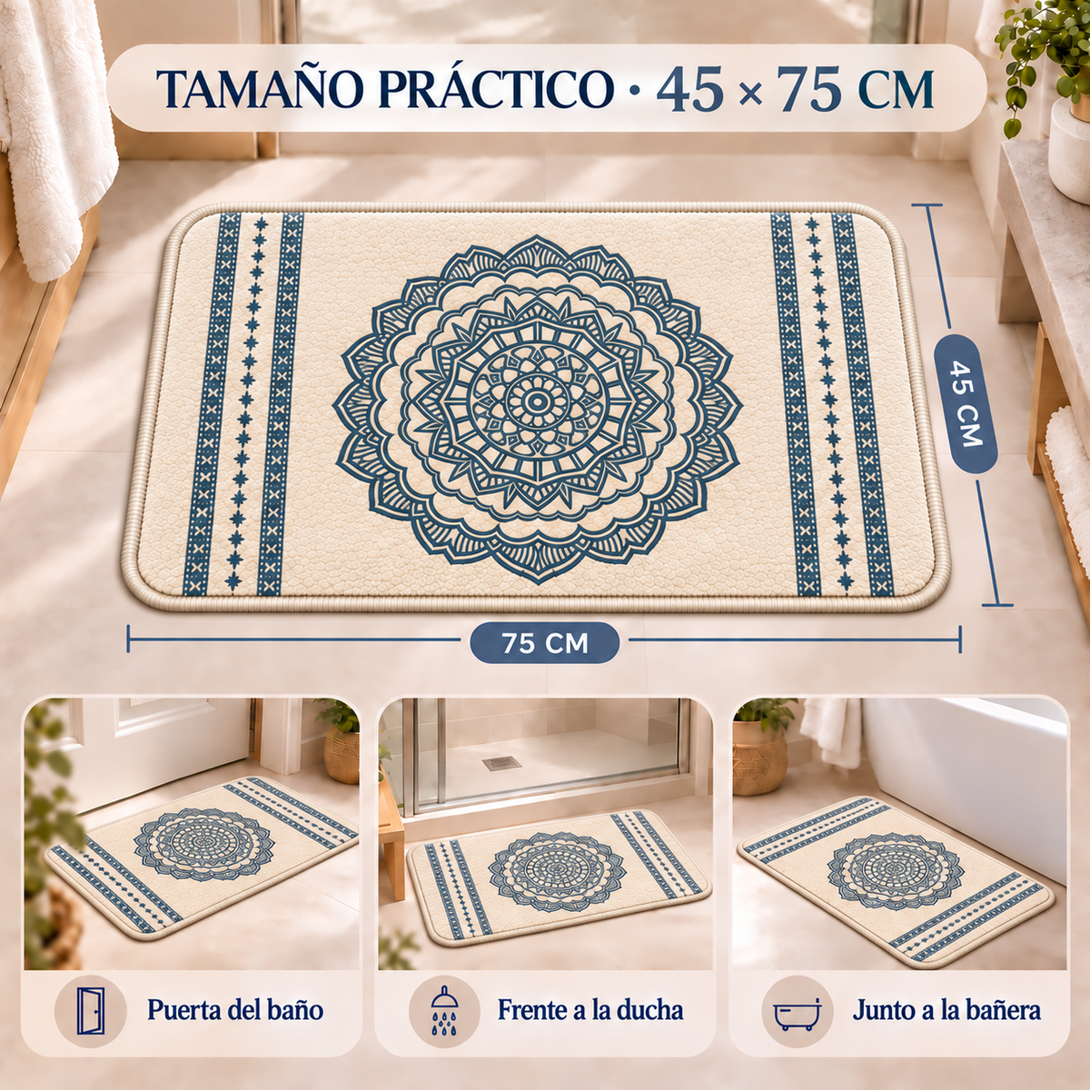 Home Universal® 2 Alfombras de Baño Absorbentes y Antideslizantes, Alfombrillas Suaves con Base de Goma, Lavables a Máquina, para Ducha, Bañera y Lavabo (Mandala Azul, 45 x 75 cm (Rectangular))
