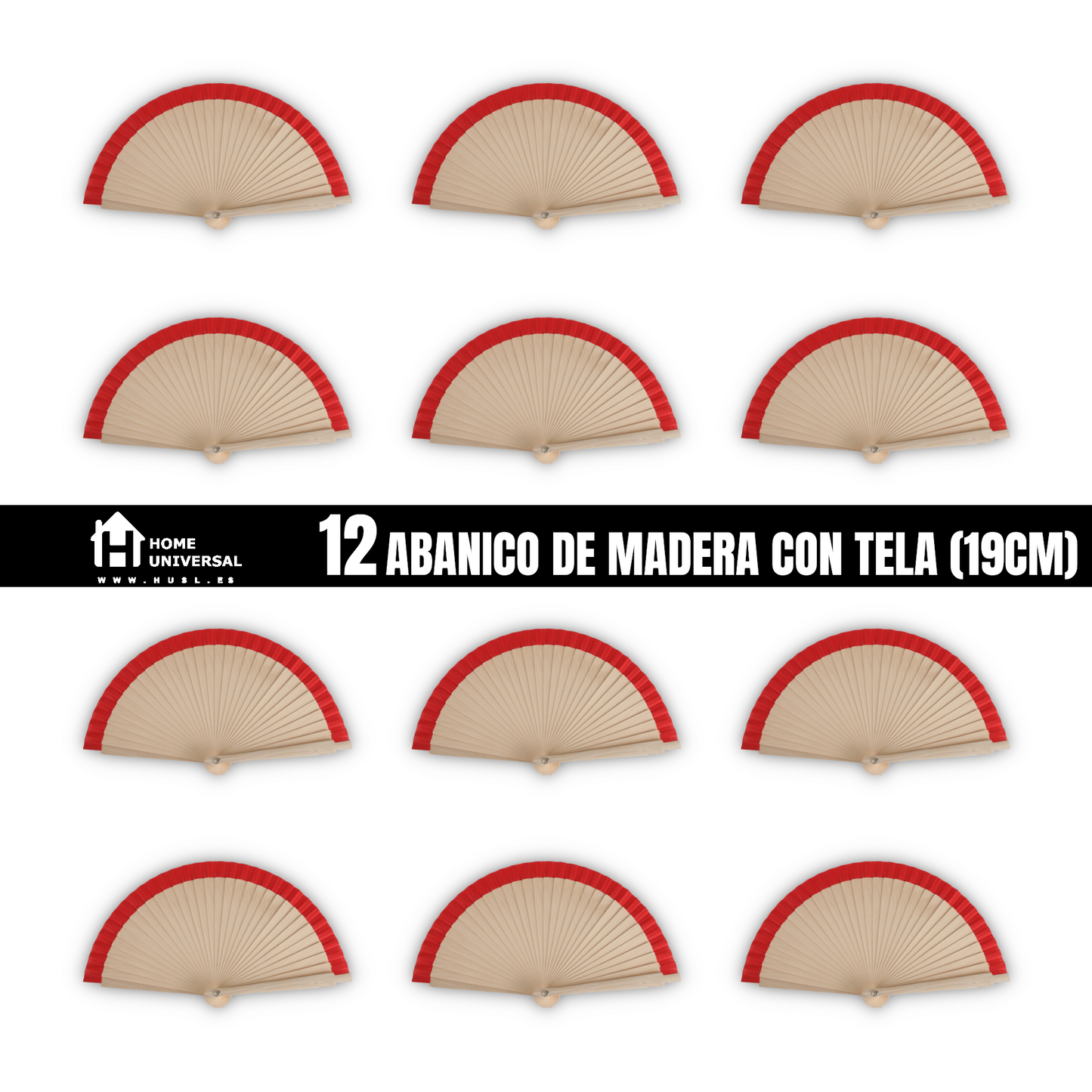 Home Universal®  Abanicos de Madera con Argolla para Cuello, Plegables con Tela en Varios Colores - Ligeros, Portátiles y Resistentes para Eventos, Bodas y Verano - Rojo 19 CM (12 Unidades)