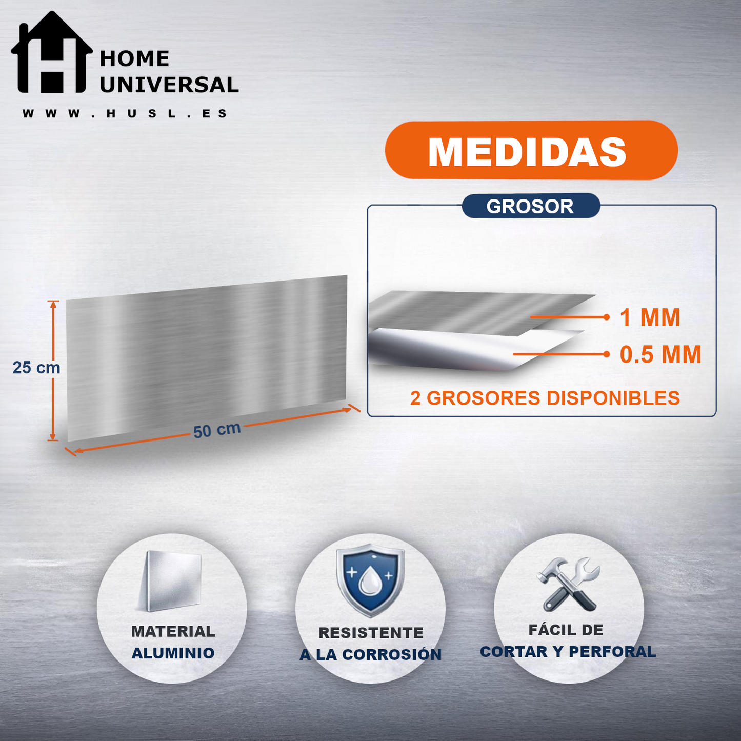 ome Universal® Chapa de Aluminio Estriada, Lisa, Malla y Perforada (Cuadrada, Ovalada, Redonda), Rugosa – Lámina Metálica Resistente Anticorrosión para Bricolaje e Industria (Superficie (Liso)) - Mate (25X50CM - 1MM)