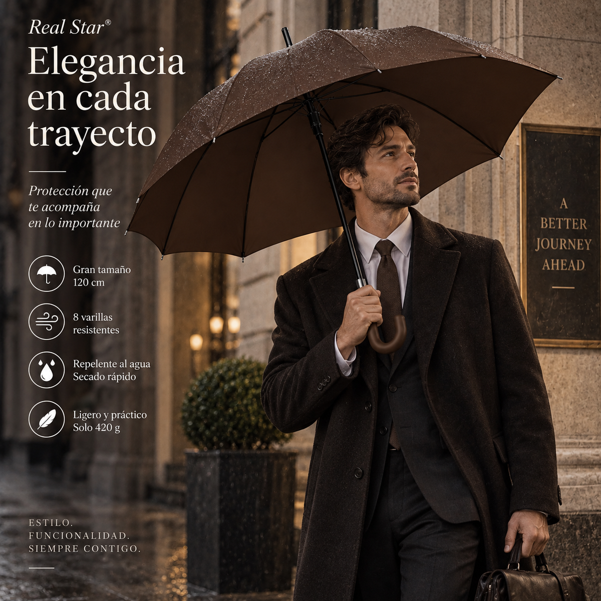 Home Universal® Paraguas Grande Semiautomático, Paraguas Largo Resistente al Viento con Mango Curvo para Mujer y Hombre (Marrón (Liso))