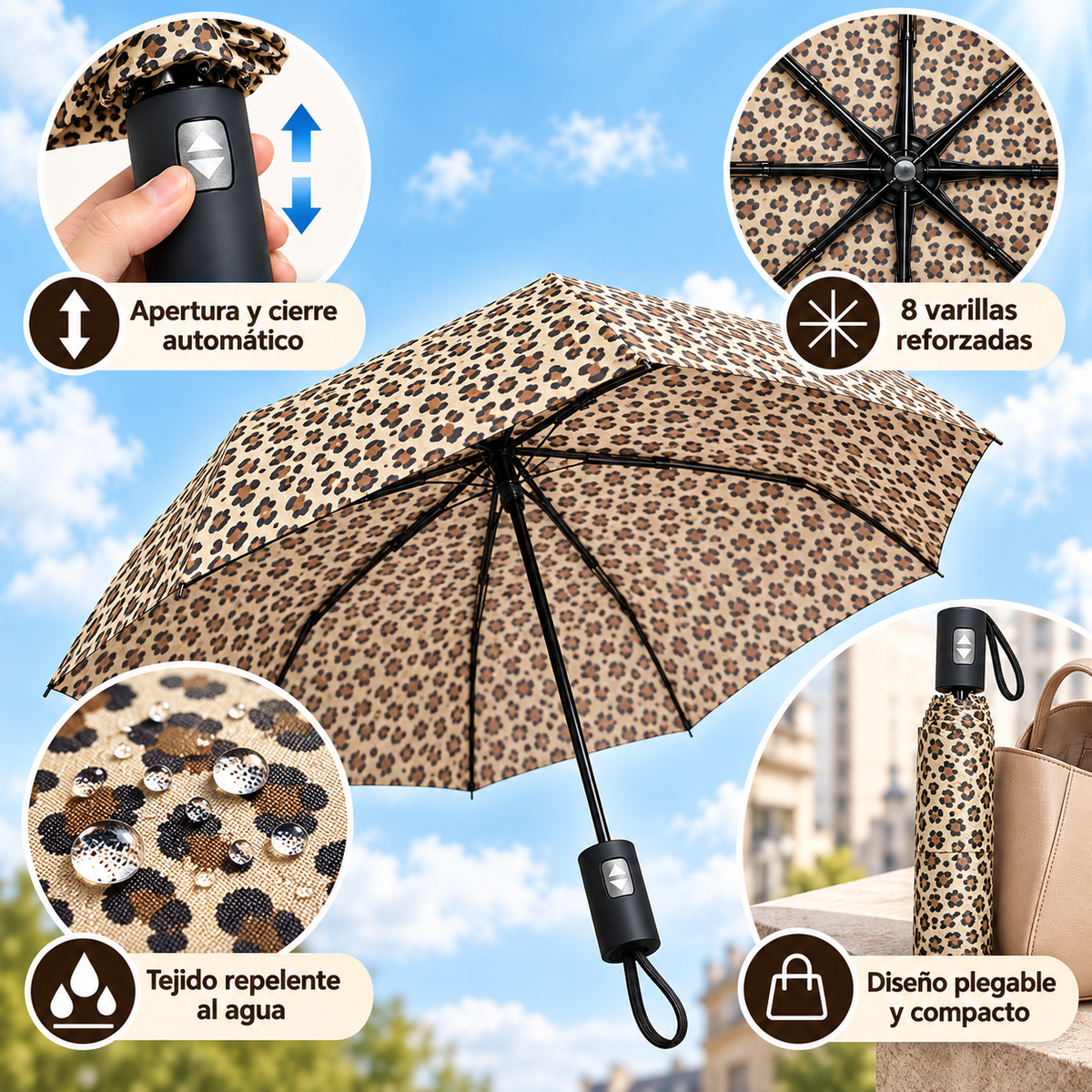 Home Universal® Paraguas Automático Plegable Grande, Compacto y Resistente, para Lluvia y Sol (Automático Apertura y Cierre (Leopardo Beige))