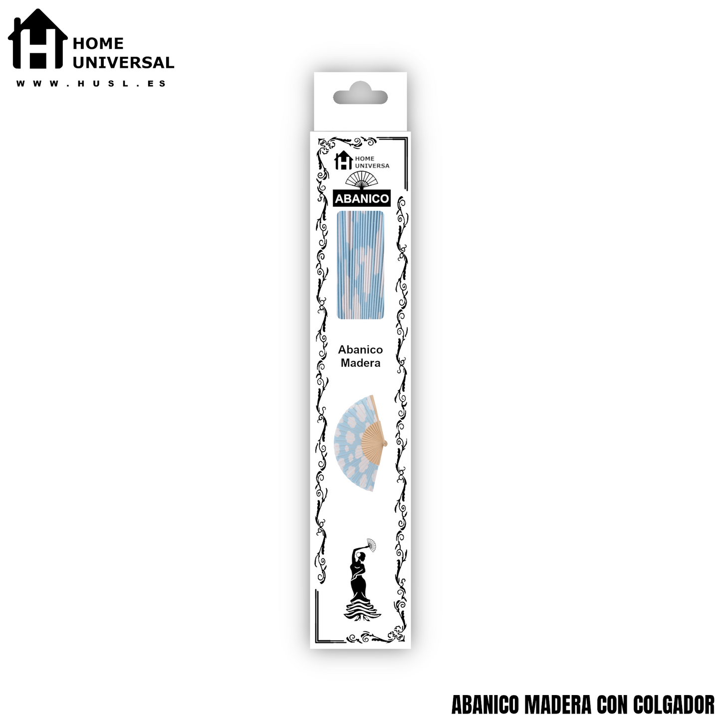 Home Universal® Abanico 23 cm con Cuerda para Cuello – Abanico Plegable de Madera Ligero y Portátil – Accesorio de Verano para Playa, Festivales, Bodas y Eventos – Diseño Divertido, Ideal para Viajes y Calor (Cielo Azul Con Nubes)