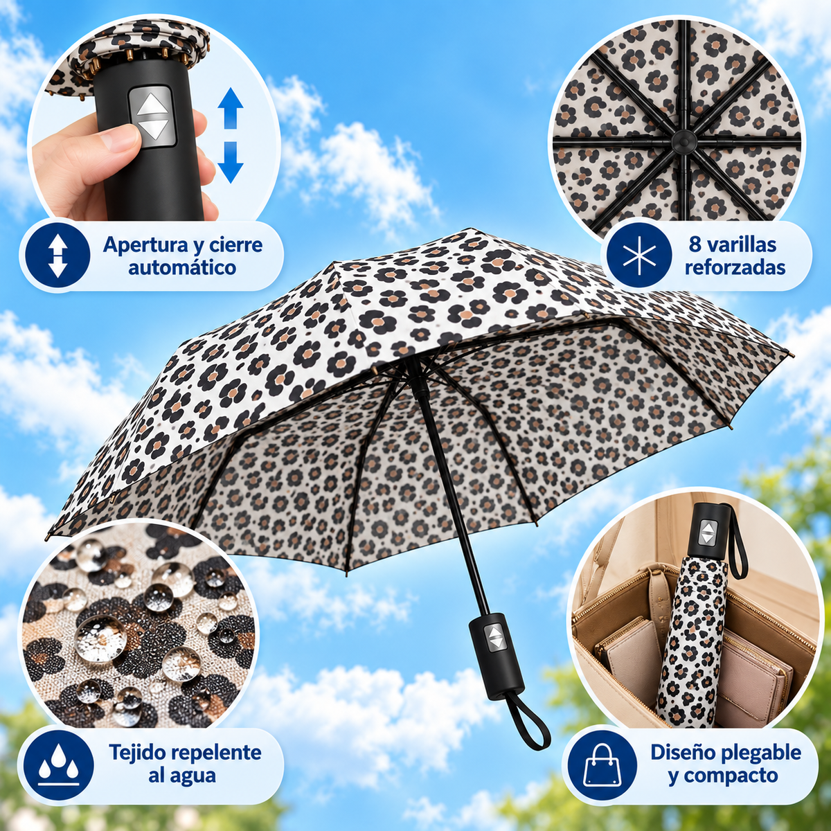 Home Universal® Paraguas Automático Plegable Grande, Compacto y Resistente, para Lluvia y Sol (Automático Apertura y Cierre (Leopardo Blanco Negro))