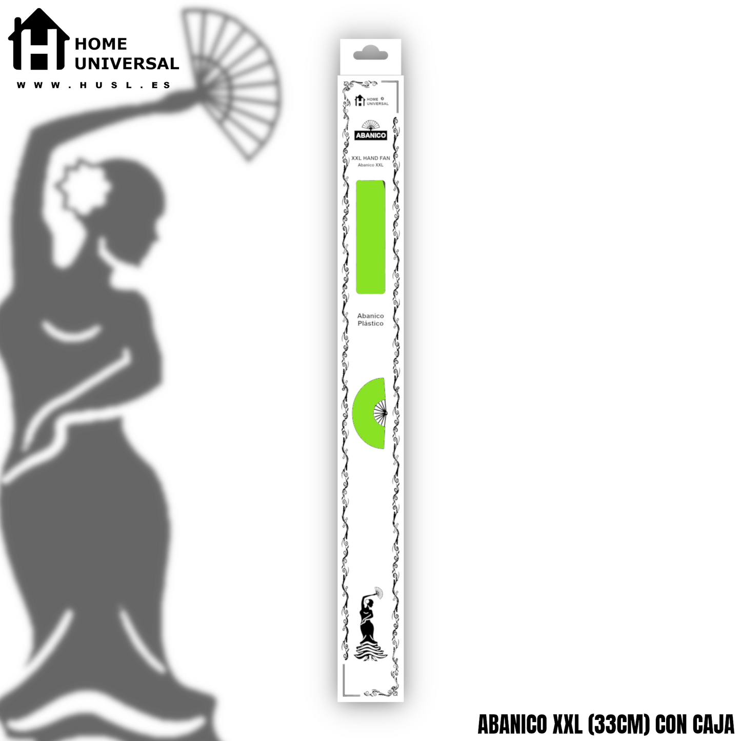 Home Universal® Abanico XXL 33 cm Grande de Plástico con Caja – Plegable, Ligero y Resistente – Efecto Fluorescente Brillante – Ideal para Verano, Fiesta, Discoteca, Pride y Eventos - Verde (Liso)