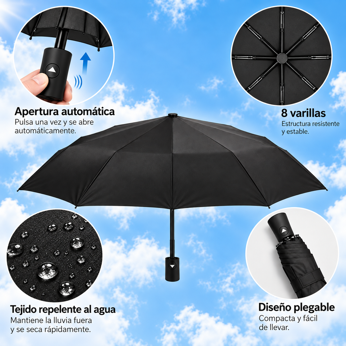 Home Universal® Paraguas Automático Plegable Grande, Compacto y Resistente, para Lluvia y Sol (Solo Apertura Automática (Negro))