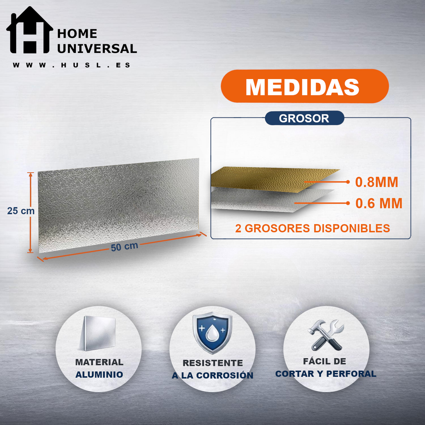 ome Universal® Chapa de Aluminio Estriada, Lisa, Malla y Perforada (Cuadrada, Ovalada, Redonda), Rugosa – Lámina Metálica Resistente Anticorrosión para Bricolaje e Industria Superficie (Rugosidad) - Plateado (25X50CM - 0.6MM)