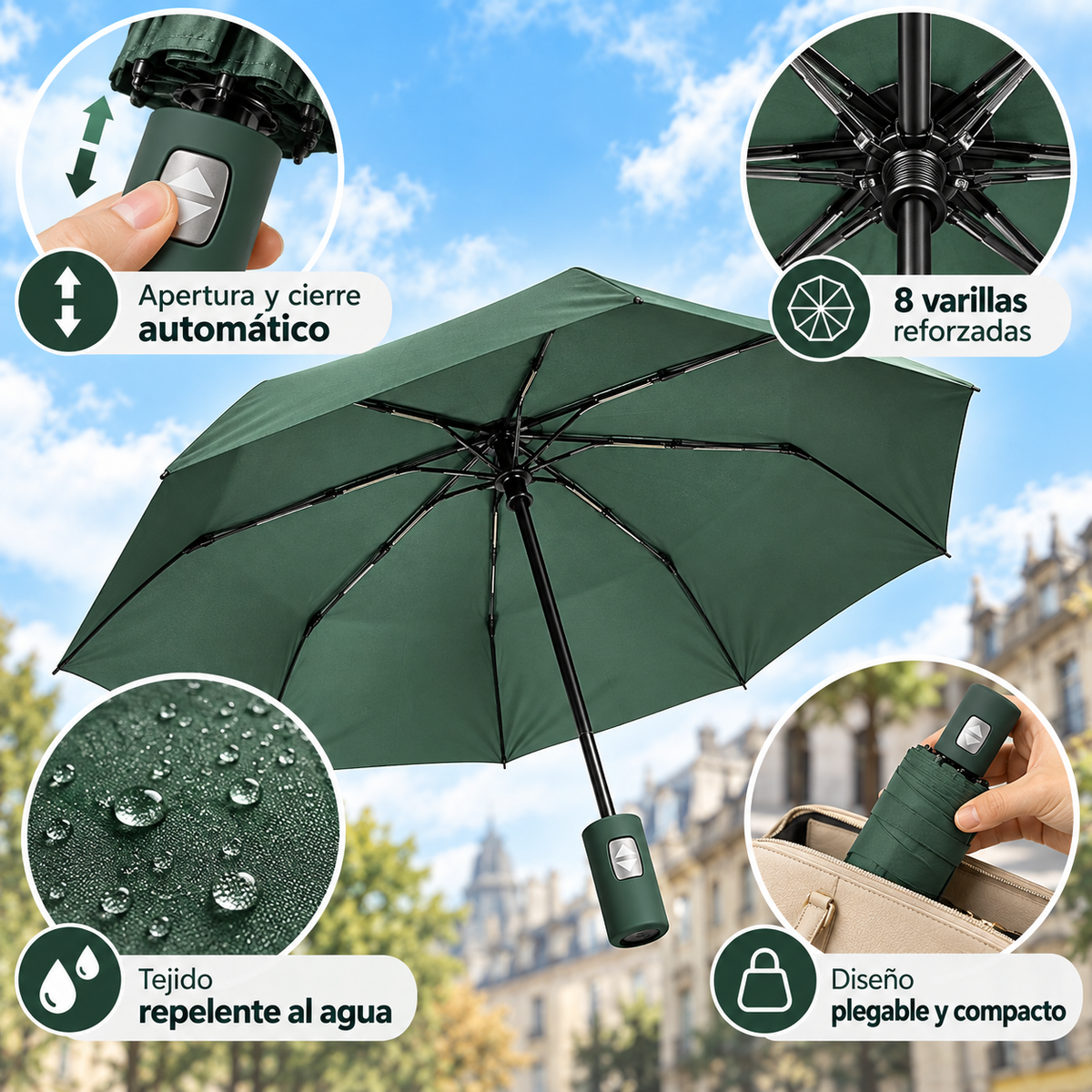 Home Universal® Paraguas Automático Plegable Grande, Compacto y Resistente, para Lluvia y Sol (Automático Apertura y Cierre (Verde))