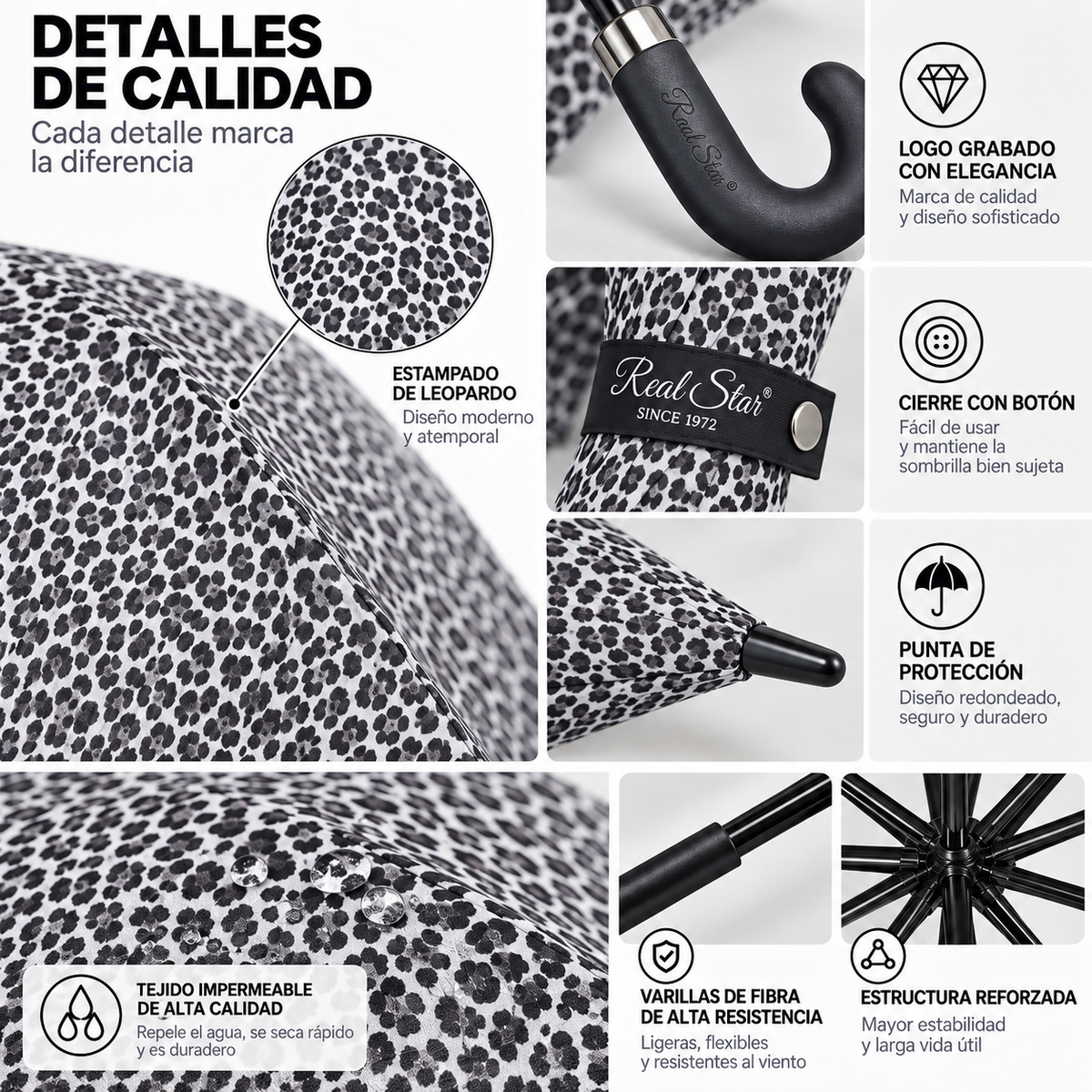 Home Universal® Paraguas Grande Semiautomático, Paraguas Largo Resistente al Viento con Mango Curvo para Mujer y Hombre (Leopardo Gris)