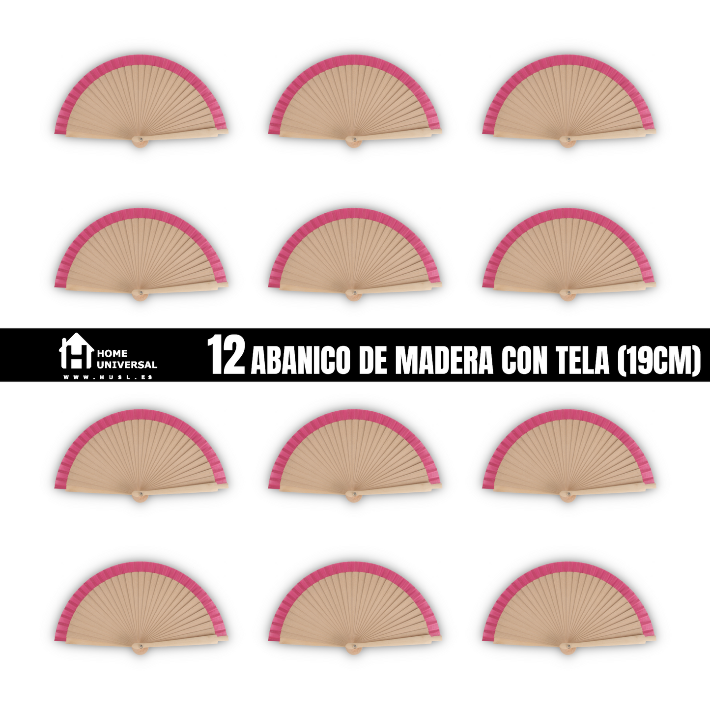 Home Universal®  Abanicos de Madera con Argolla para Cuello, Plegables con Tela en Varios Colores - Ligeros, Portátiles y Resistentes para Eventos, Bodas y Verano - Rosa 19 CM (12 Unidades)