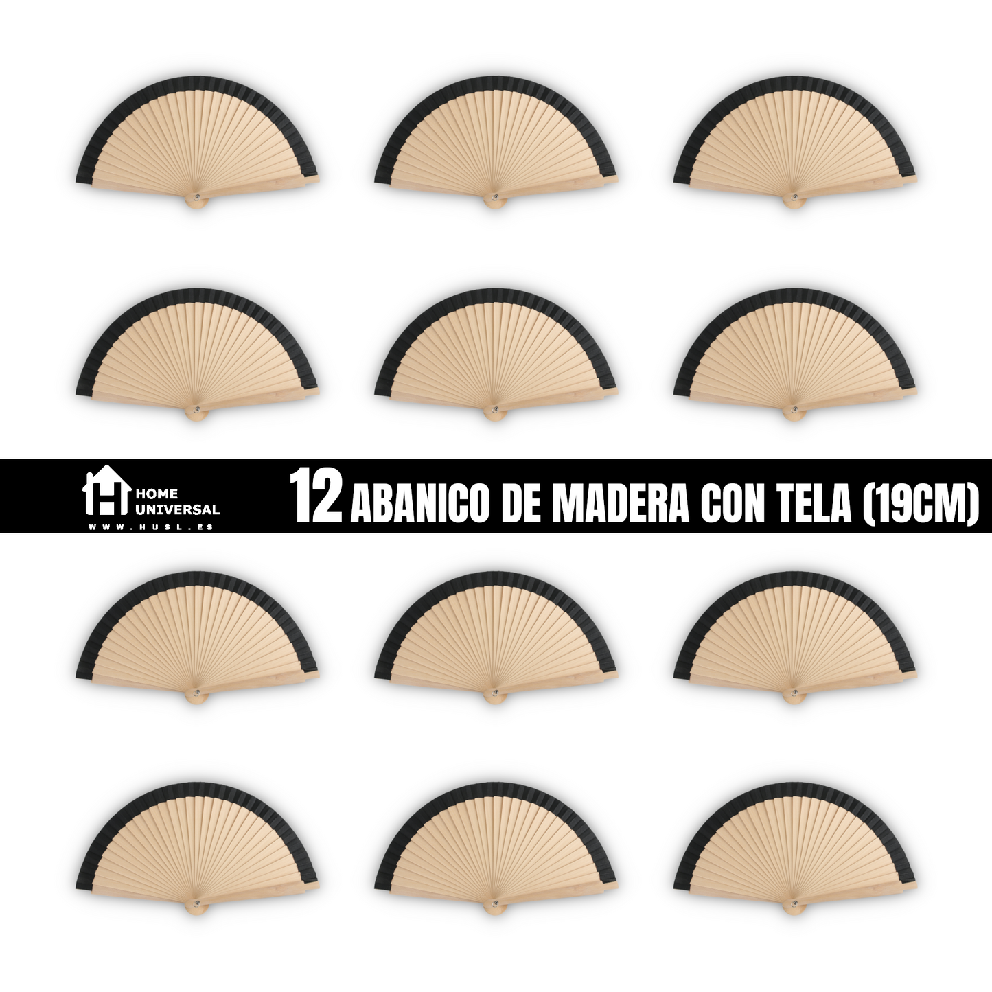 Home Universal®  Abanicos de Madera con Argolla para Cuello, Plegables con Tela en Varios Colores - Ligeros, Portátiles y Resistentes para Eventos, Bodas y Verano - Negro 19 CM (12 Unidades)