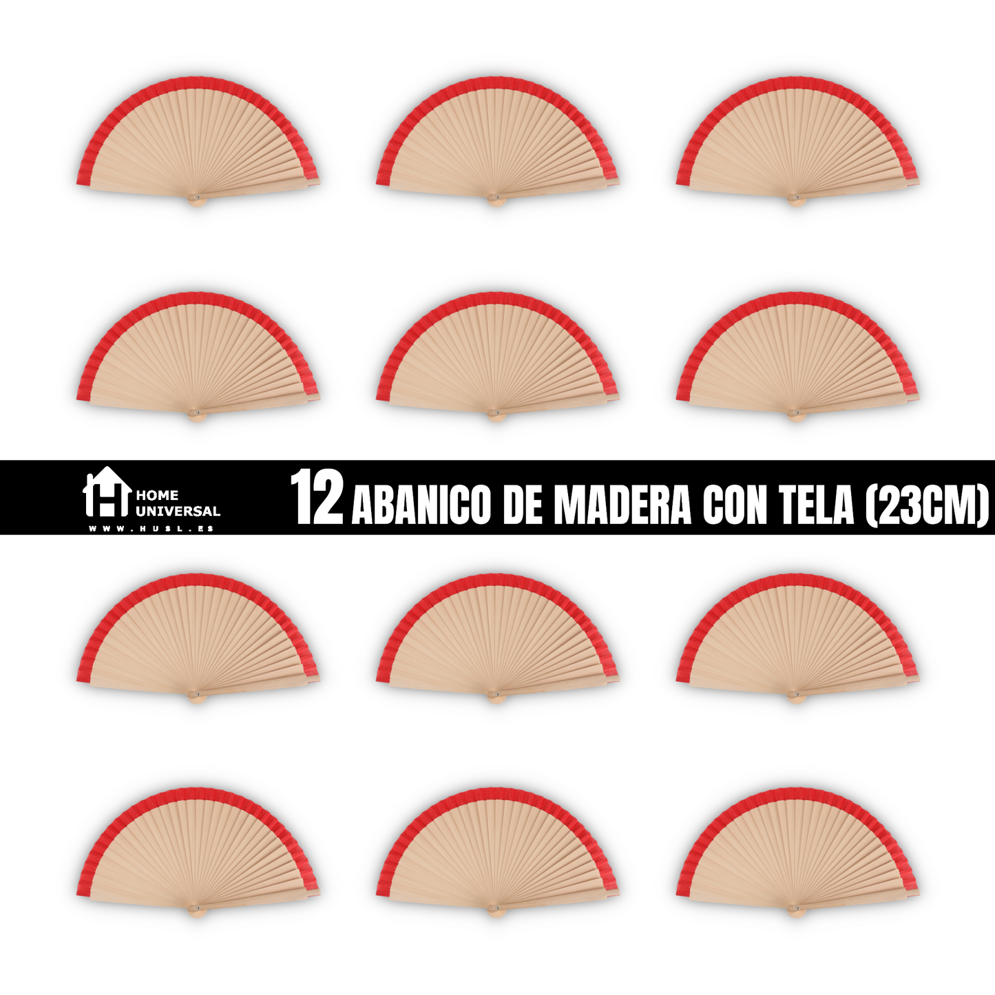Home Universal®  Abanicos de Madera con Argolla para Cuello, Plegables con Tela en Varios Colores - Ligeros, Portátiles y Resistentes para Eventos, Bodas y Verano - Rojo 23 CM (12 Unidades)