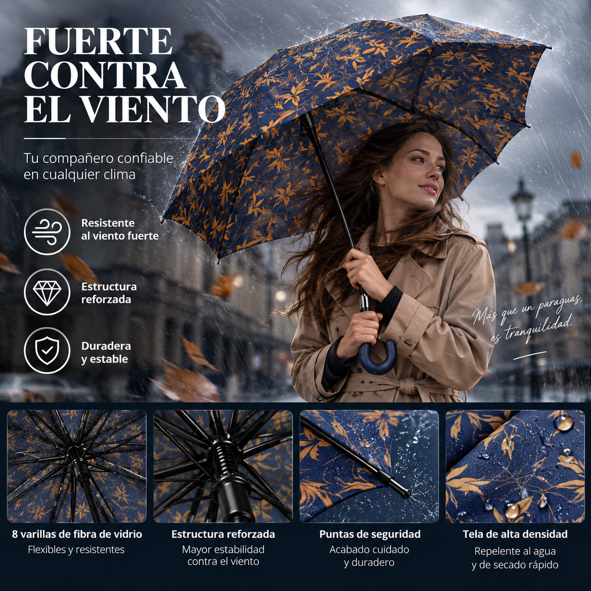 Home Universal® Paraguas Grande Semiautomático, Paraguas Largo Resistente al Viento con Mango Curvo para Mujer y Hombre (Azul Ámbar)