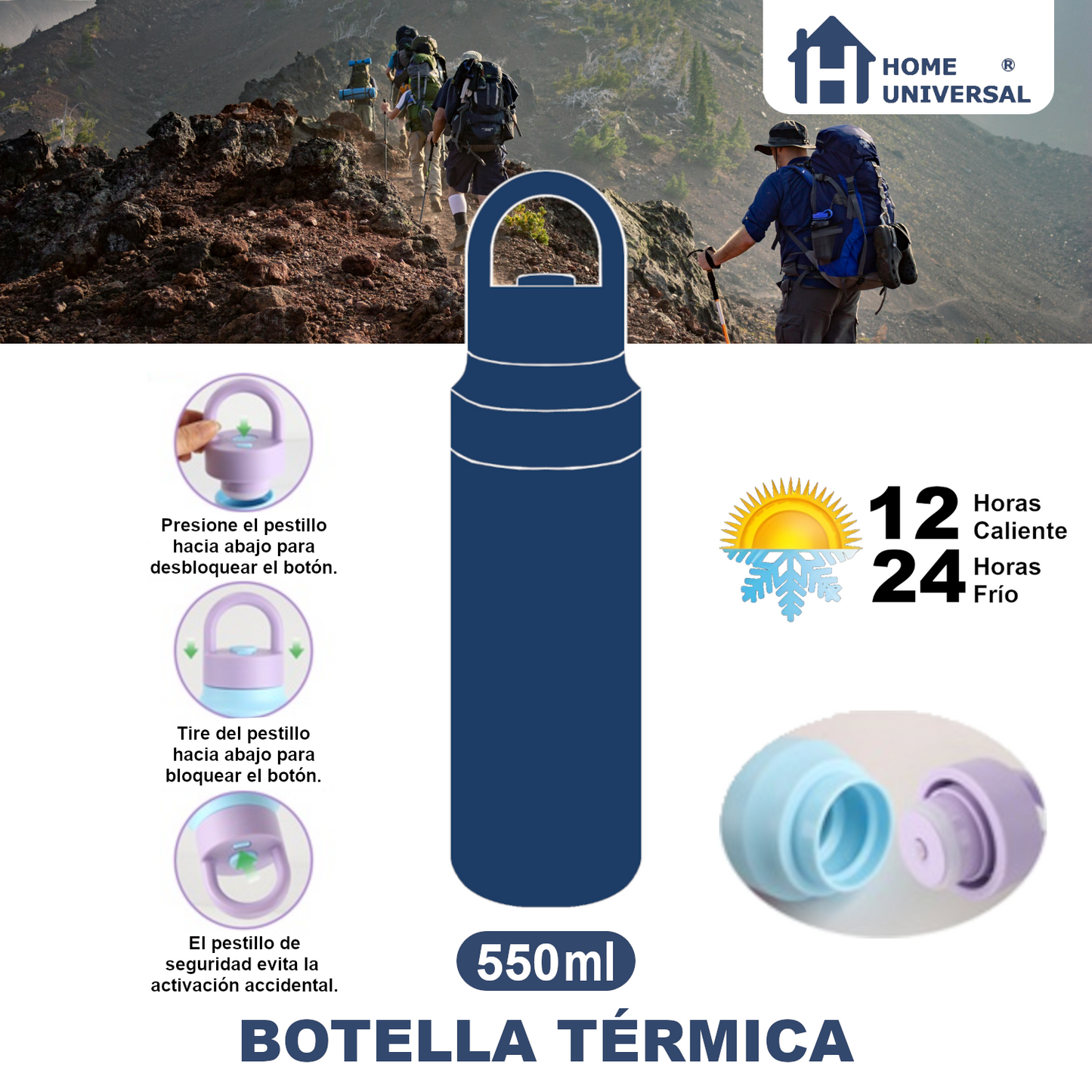 Home Universal® Botella Térmica 550ML de Apertura Rápida – Termo de Acero Inoxidable Antifugas para Café, Té y Bebidas Frías 24H/Calientes 12H (Violeta)