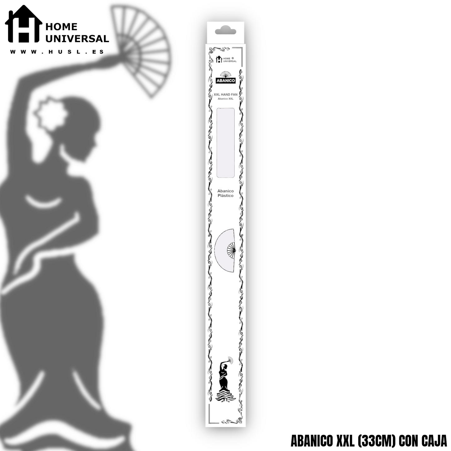 Home Universal® Abanico XXL 33 cm Grande de Plástico con Caja – Plegable, Ligero y Resistente – Efecto Fluorescente Brillante – Ideal para Verano, Fiesta, Discoteca, Pride y Eventos - Blanco (Liso)