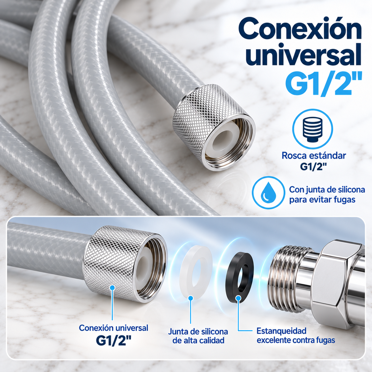 Home Universal® Manguera de Ducha Universal G1/2 – Flexible, Antienredos y Fácil de Instalar, Compatible con la Mayoría de Duchas (Gris Plata (2.0m))