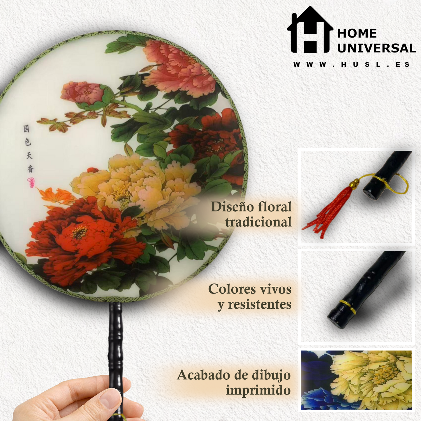 Home Universal® Abanico Redondo Chino - Imprimido de una Sola Cara – Abanico Clásico de Seda Translúcido y Sedoso con Patrón Floral y Mango de Madera – Estilo Oriental Antiguo Decorativo para Hogar o Regalo (Peonías Rojas Imperiales)