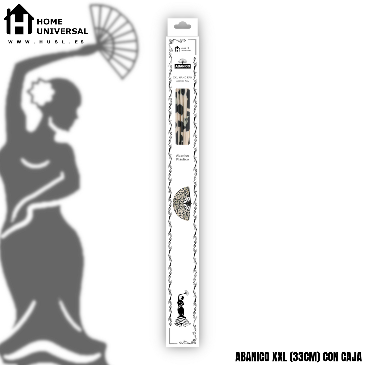 Home Universal® Abanico XXL 33 cm Grande de Plástico con Caja – Plegable, Ligero y Resistente – Efecto Fluorescente Brillante – Ideal para Verano, Fiesta, Discoteca, Pride y Eventos (Leopardo - Beige)