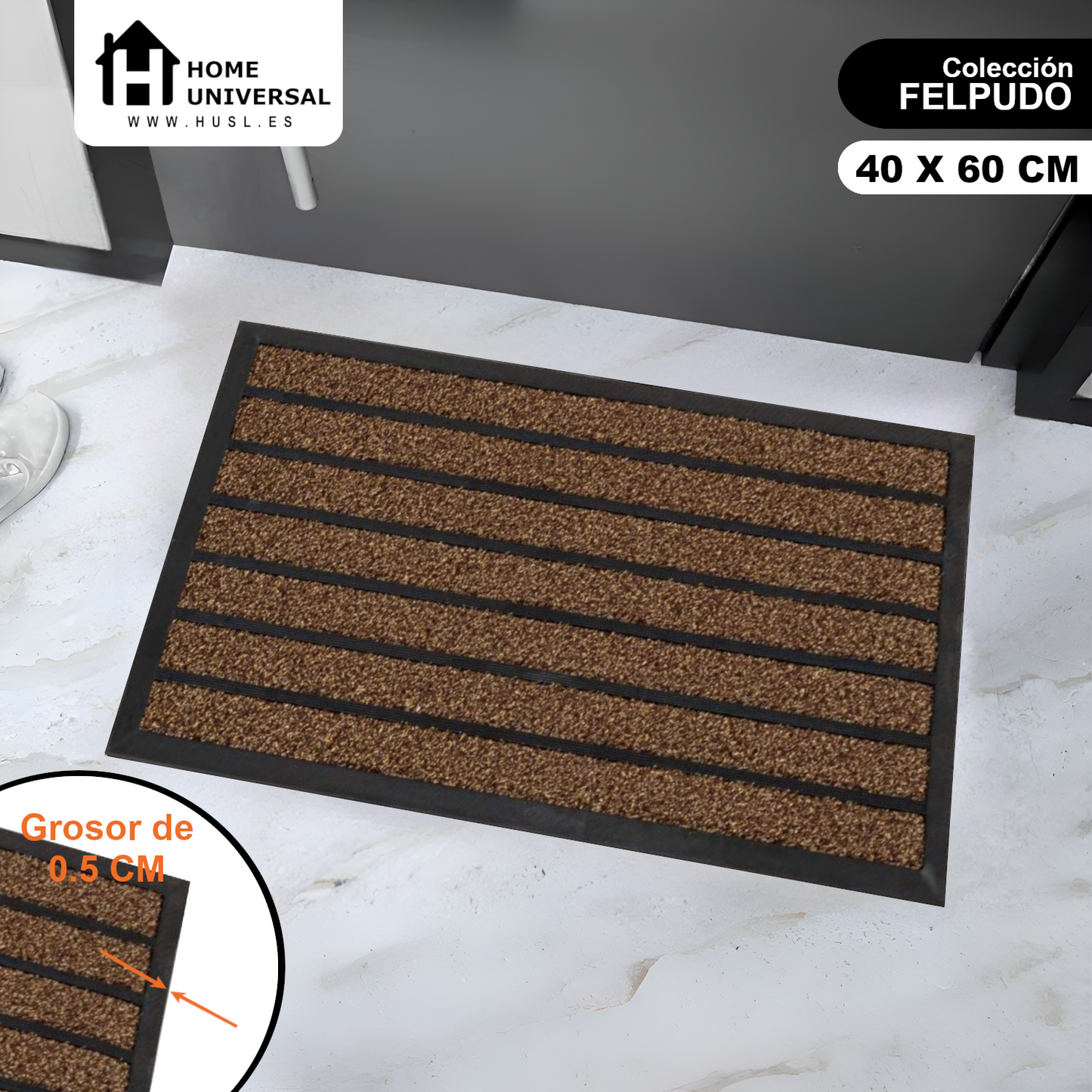 Home Universal® Felpudo de Goma Antideslizante para Exterior y interior – Resistente a Lluvia y Barro, Limpia Zapatos, Alta Durabilidad – Varias Medidas, 40X60CM, Marrón (Diseño a Rayas)