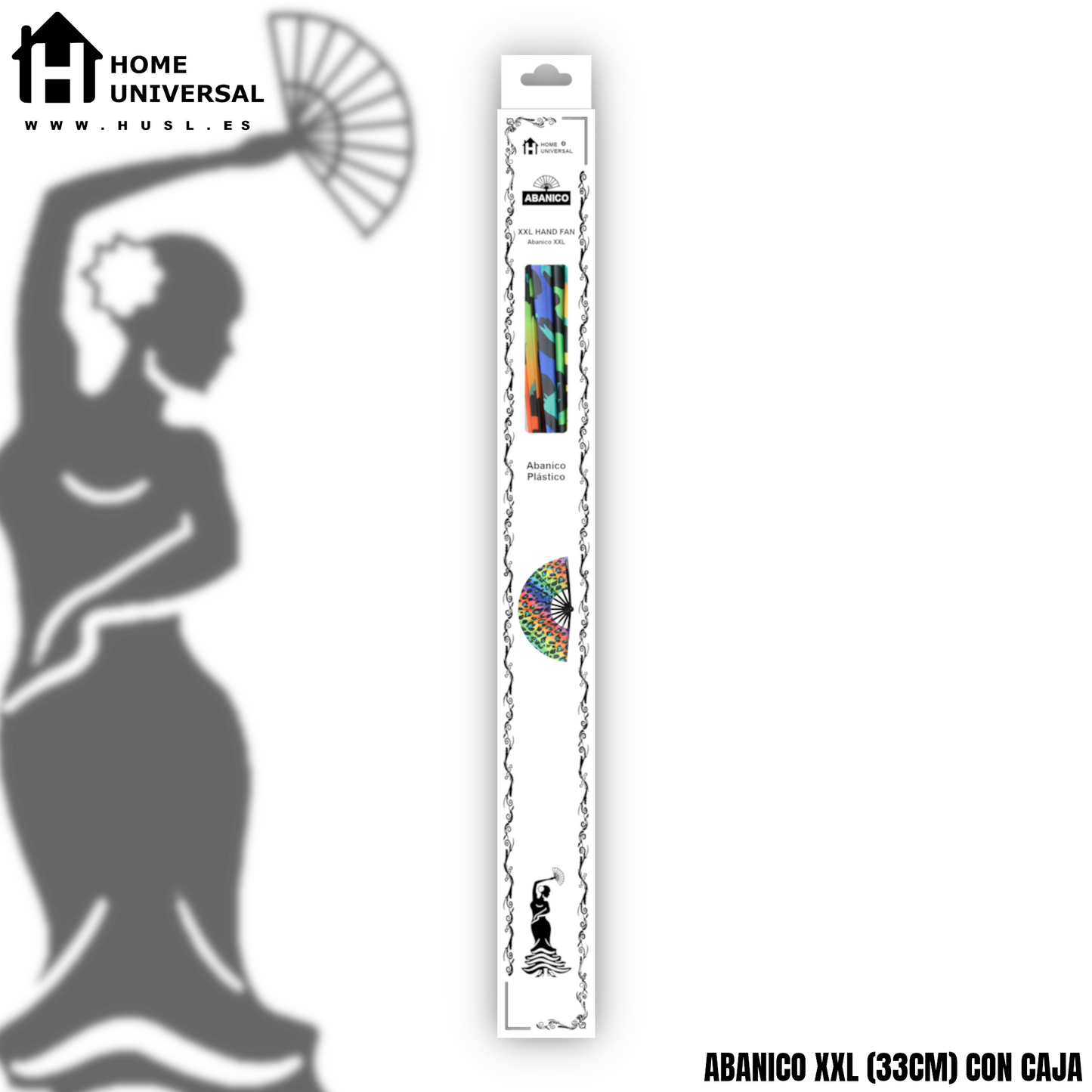 Home Universal® Abanico XXL 33 cm Grande de Plástico con Caja – Plegable, Ligero y Resistente – Efecto Fluorescente Brillante – Ideal para Verano, Fiesta, Discoteca, Pride y Eventos (Leopardo - Multicolor)