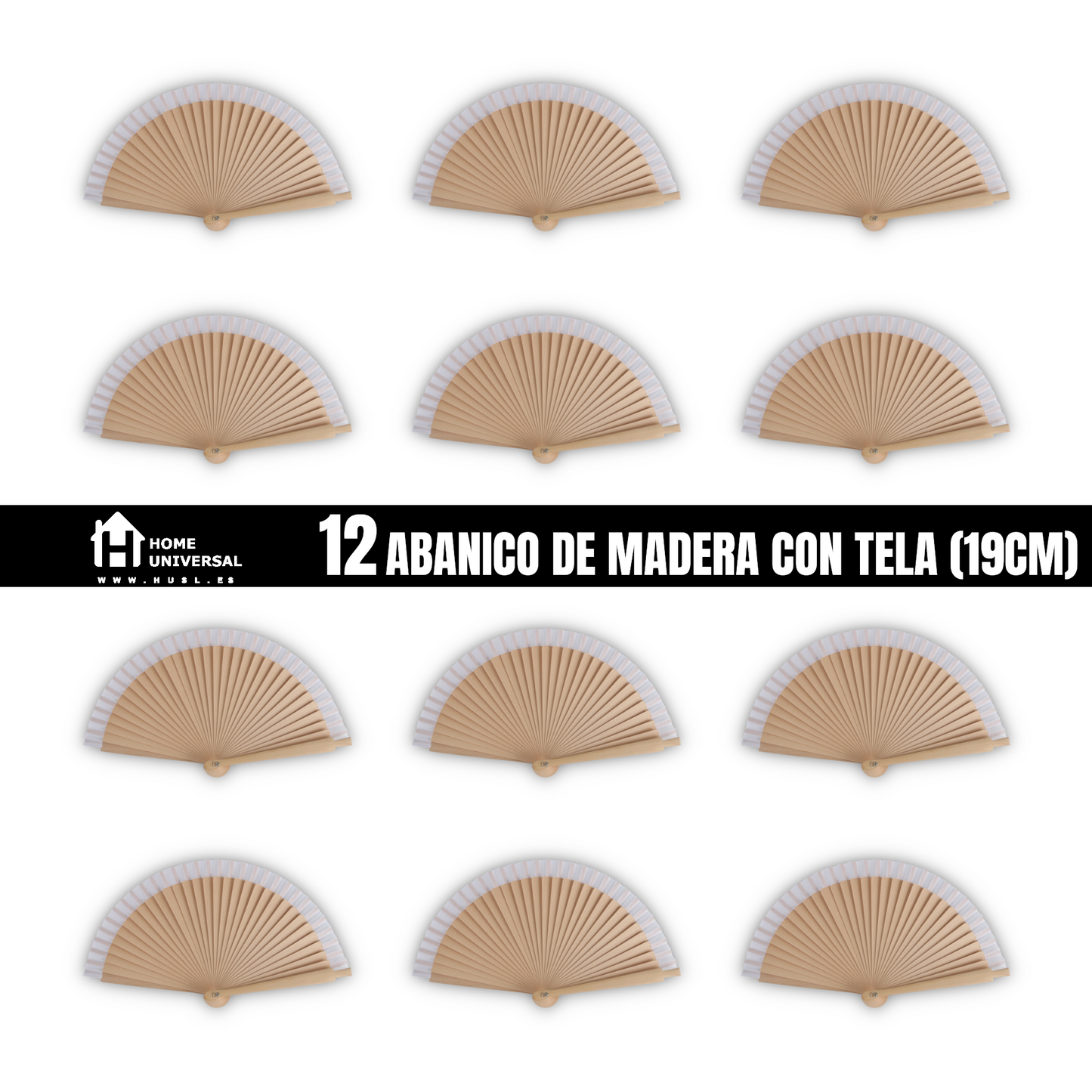 Home Universal®  Abanicos de Madera con Argolla para Cuello, Plegables con Tela en Varios Colores - Ligeros, Portátiles y Resistentes para Eventos, Bodas y Verano - Blanco 19 CM (12 Unidades)