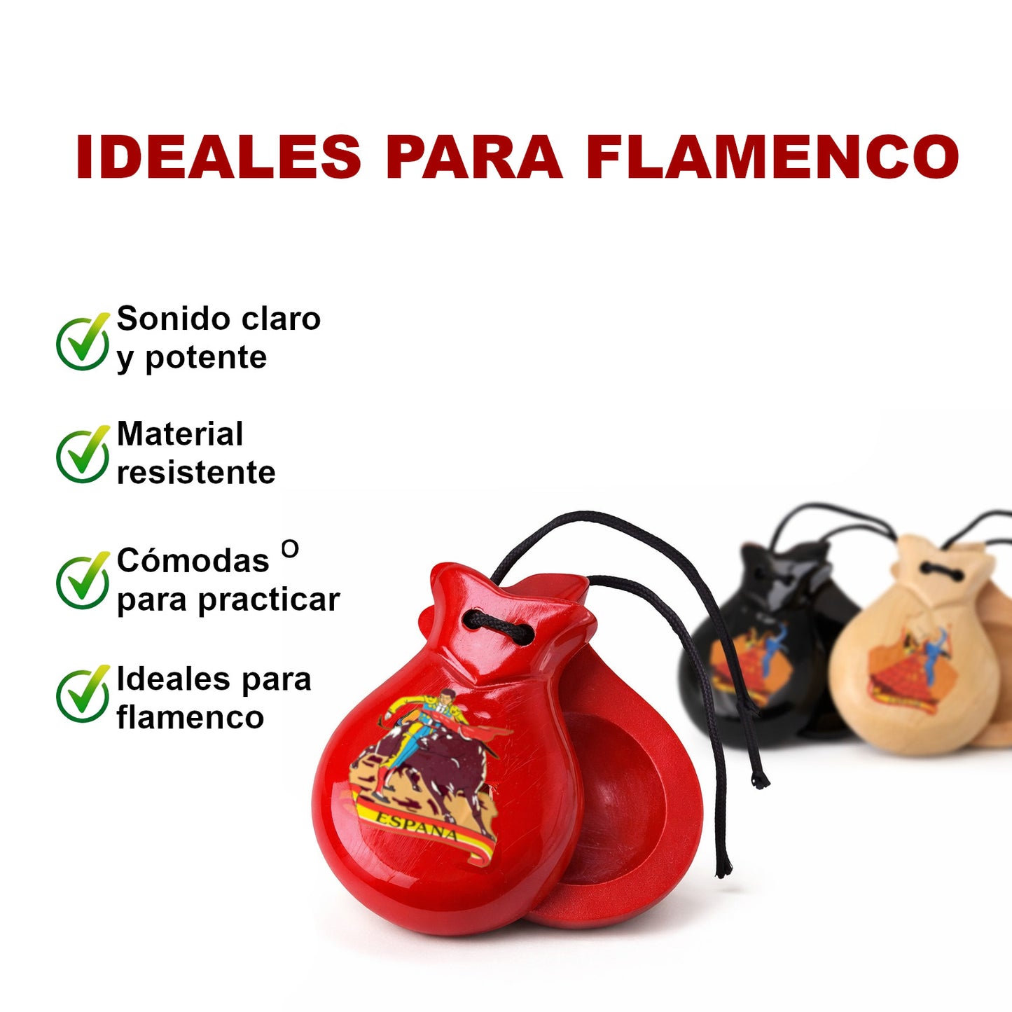 Home Universal® Castañuelas Flamencas Rojas con Lunares, Castañuelas Españolas para Baile de Flamenco,Sonido Tradicional,Ideales para Fiestas de Sevilla, Ferias, Disfraces y Eventos Españoles,2 Piezas (Color Liso · Rojo)