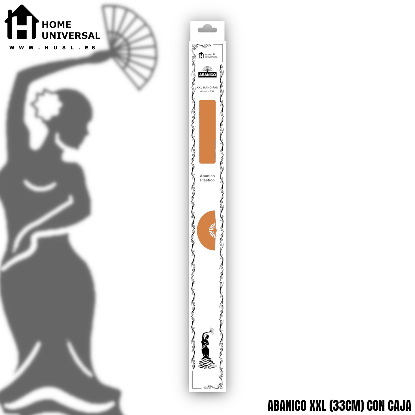 Home Universal® Abanico XXL 33 cm Grande de Plástico con Caja – Plegable, Ligero y Resistente – Efecto Fluorescente Brillante – Ideal para Verano, Fiesta, Discoteca, Pride y Eventos - Naranja (Purpurina)
